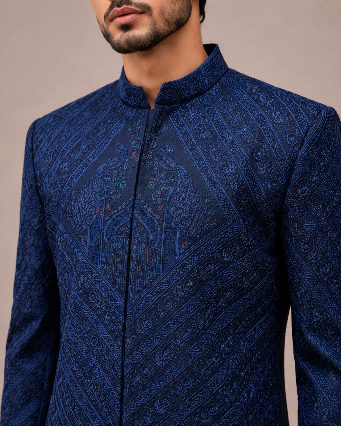 Gray Velvet Indo Western for Men with Machine Embroidery Work
