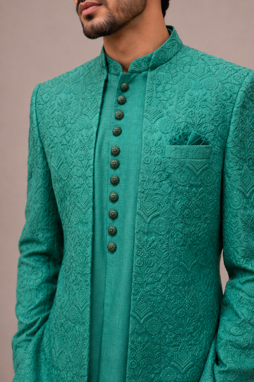 Green Lakhnavi Indo Western for Men with Lakhnavi Work