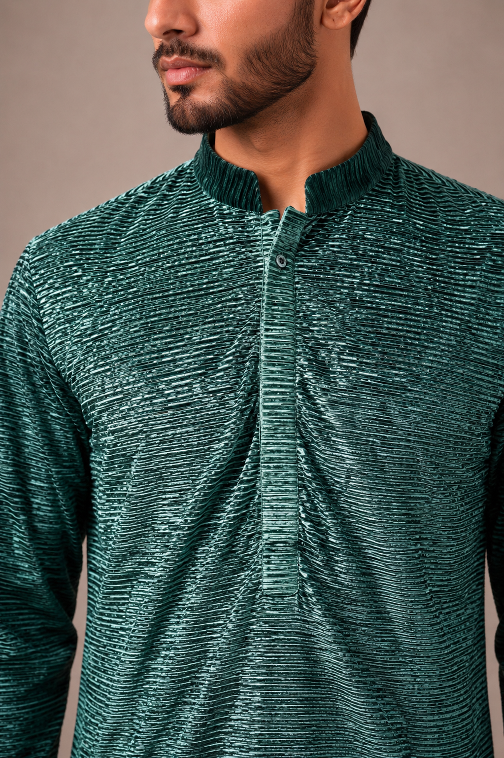 Green Micro Velvet Kurta Set with Artistic Print and Surface Work