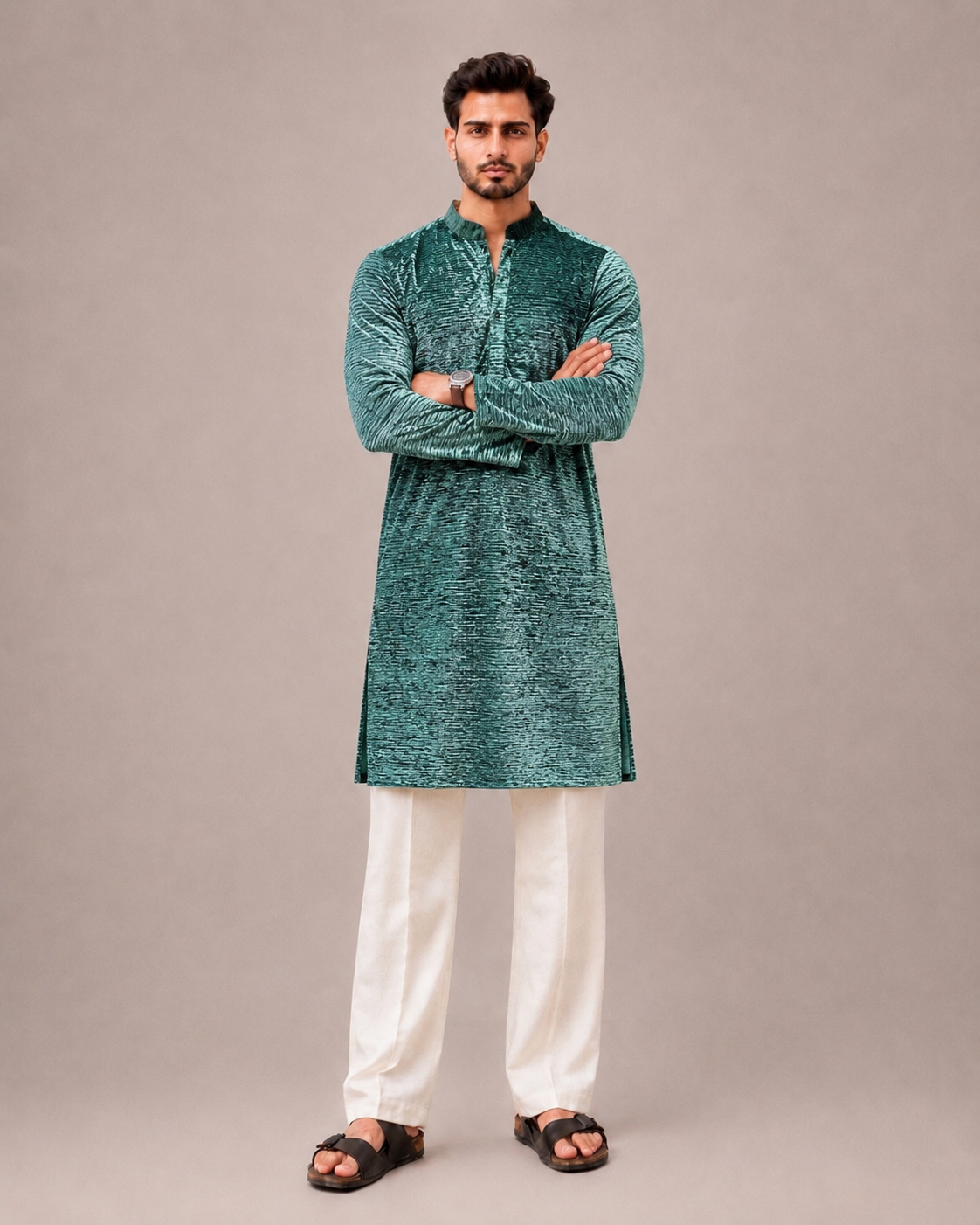 Green Micro Velvet Kurta Set with Artistic Print and Surface Work