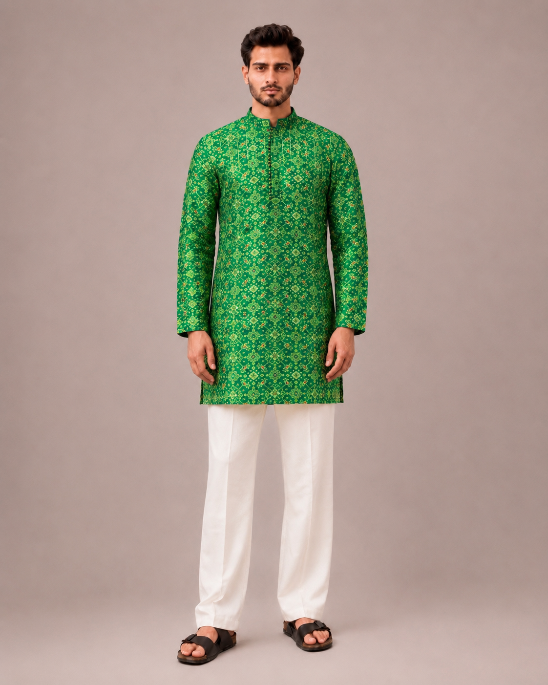Green Silk Kurta Set with Bandhani Work