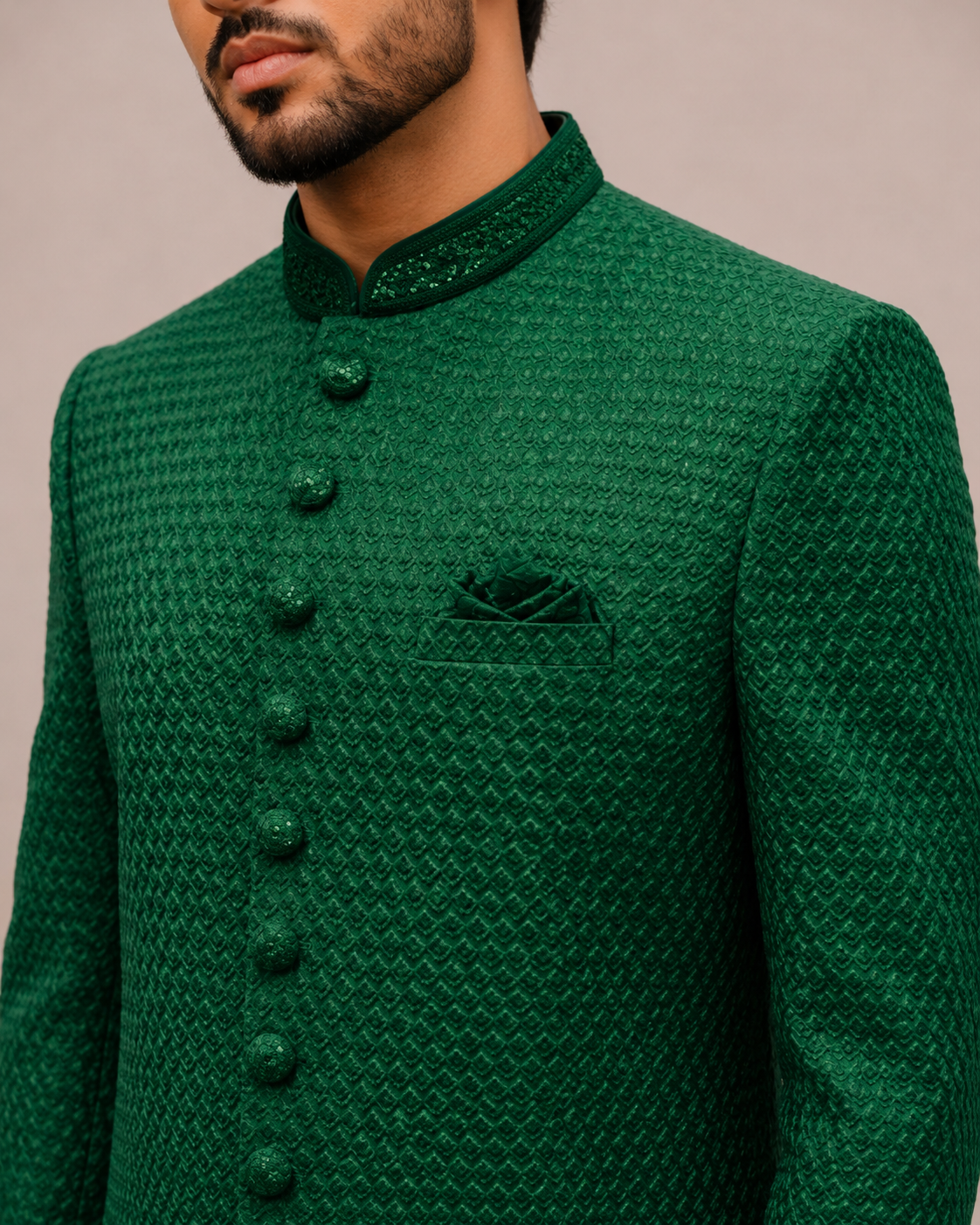 Green Velvet Indo Western for Men with Computer Embroidery Work