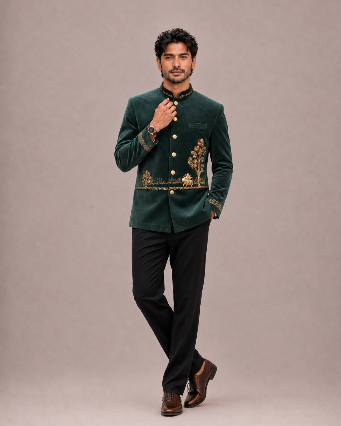 Green Velvet Jodhpuri Suit with Hand Work