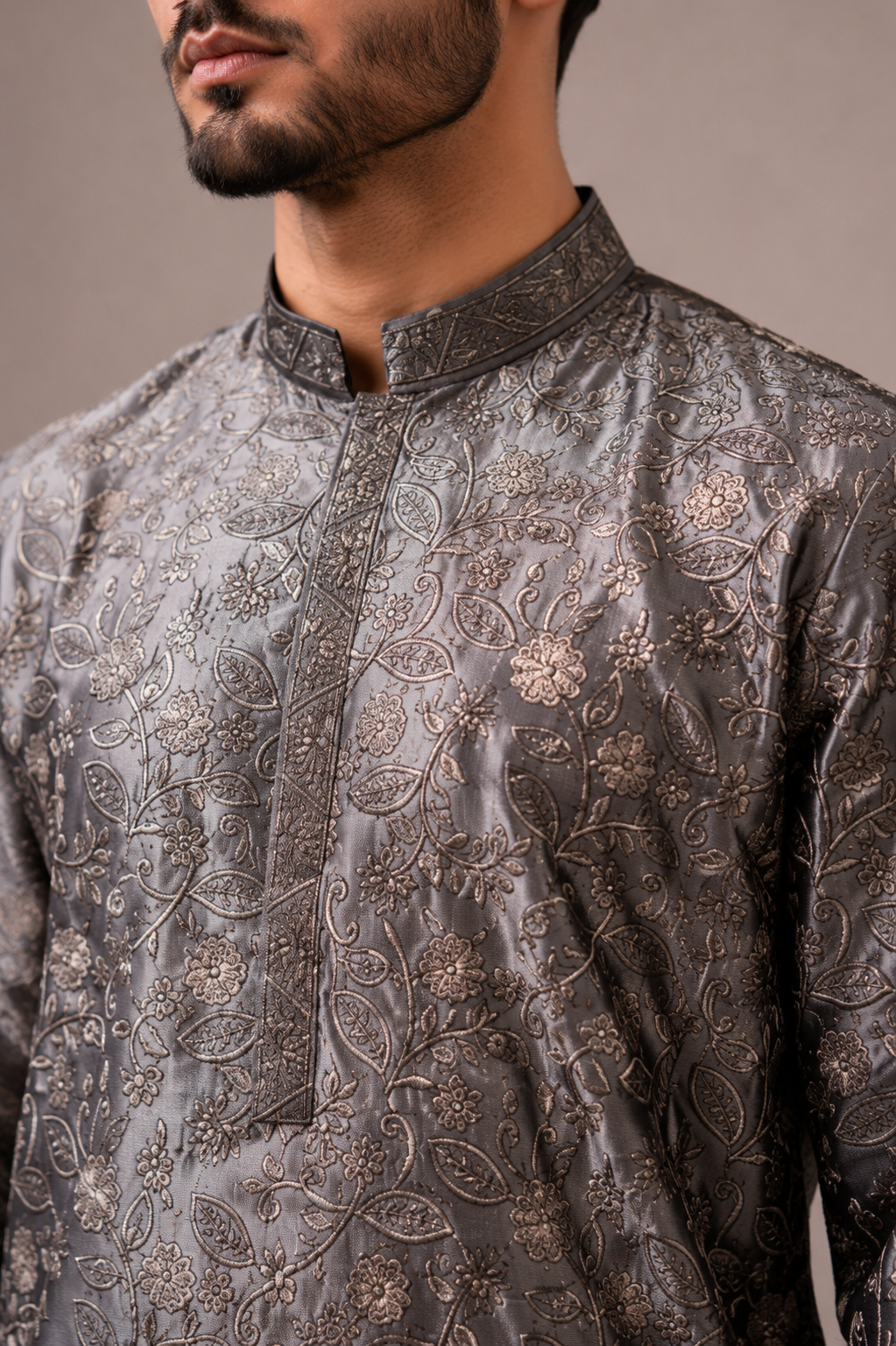 Grey Baby Silk Kurta Set with Machine Embroidery Work