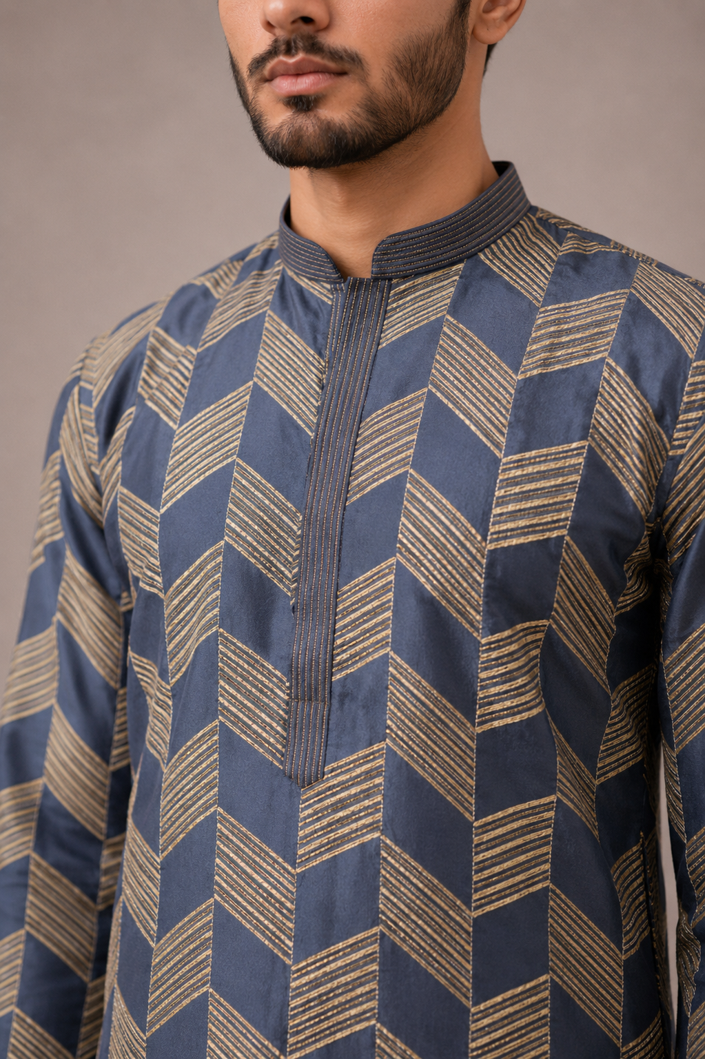 Grey Silk Kurta Set with Sequence and Computer Embroidery Work