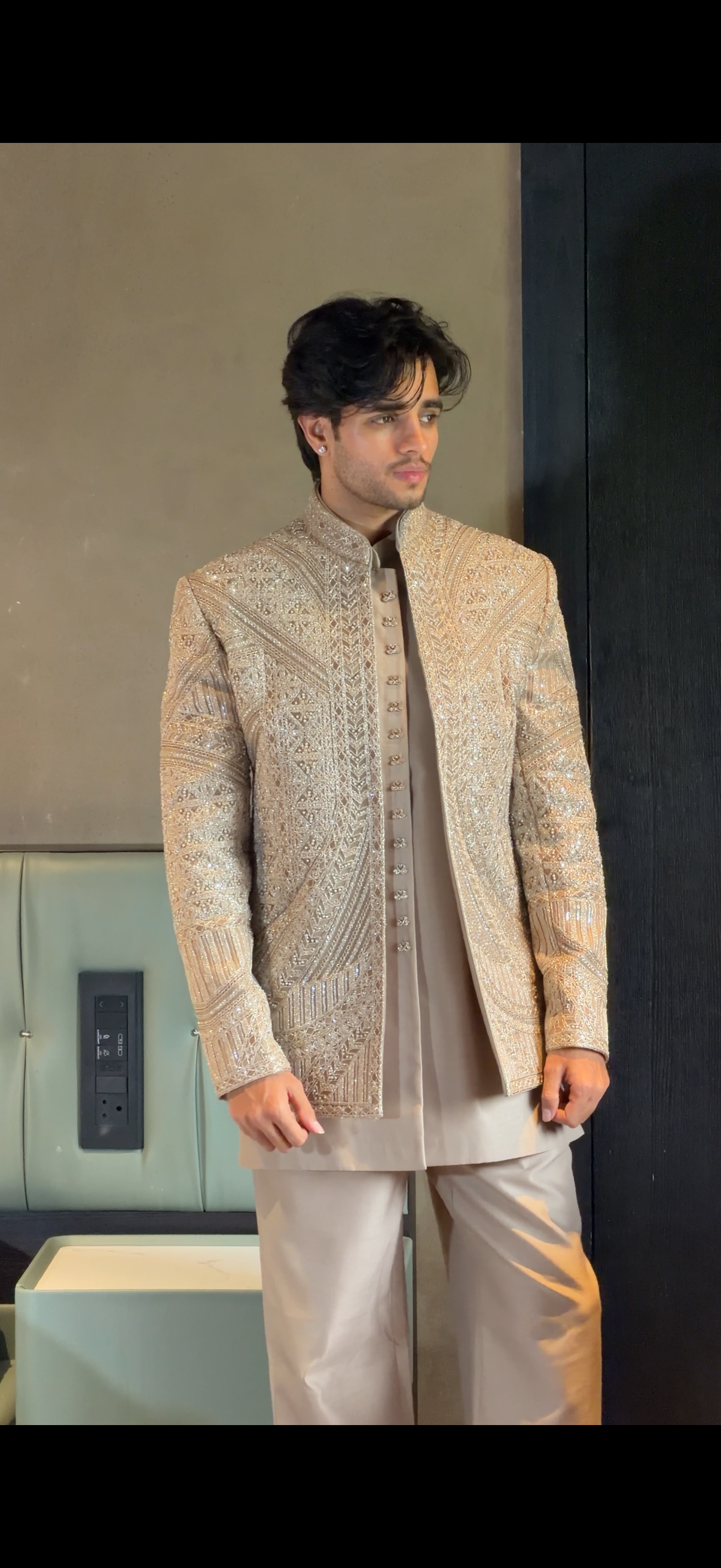 Sand Gold Silk Indo Western for Men with Cutwork, Sequin and Moti Work