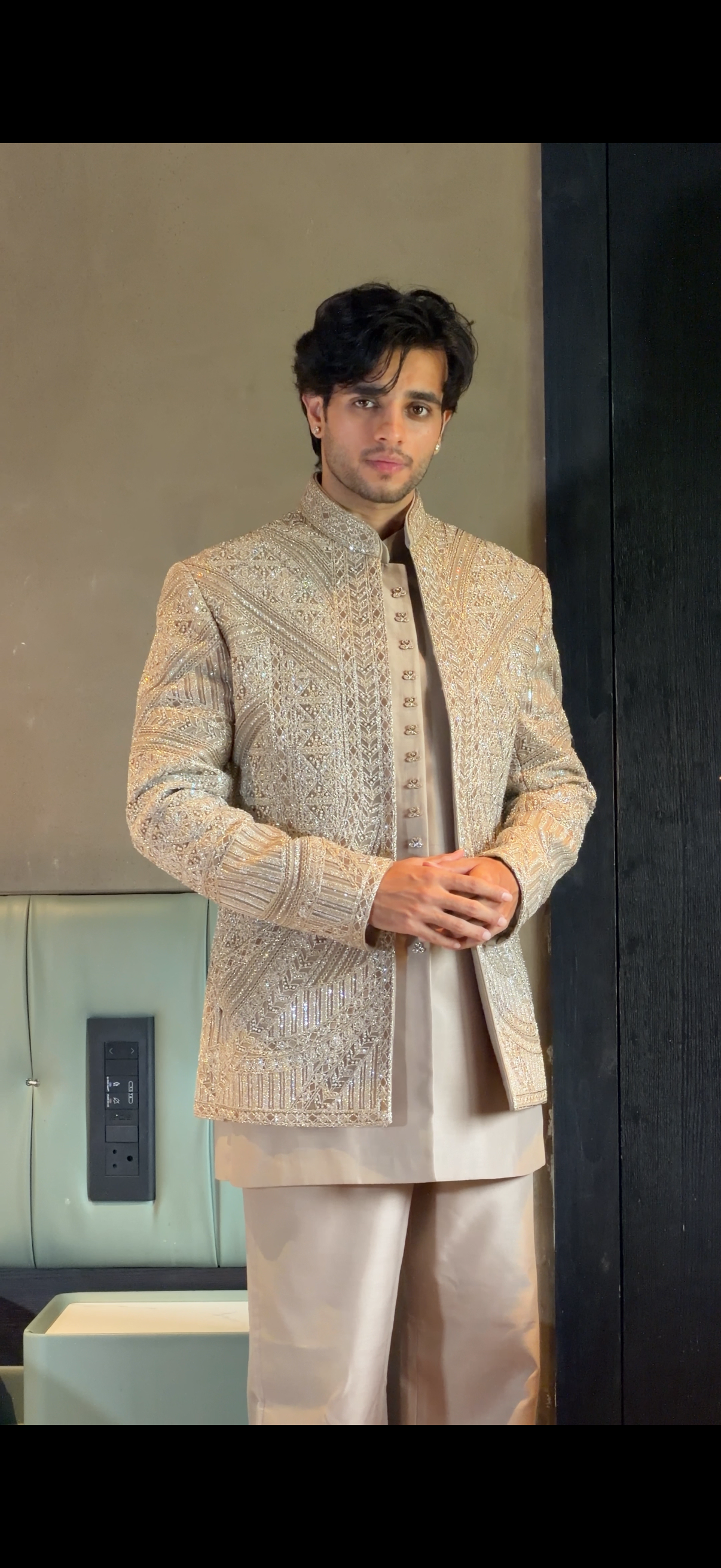 Sand Gold Silk Indo Western for Men with Cutwork, Sequin and Moti Work