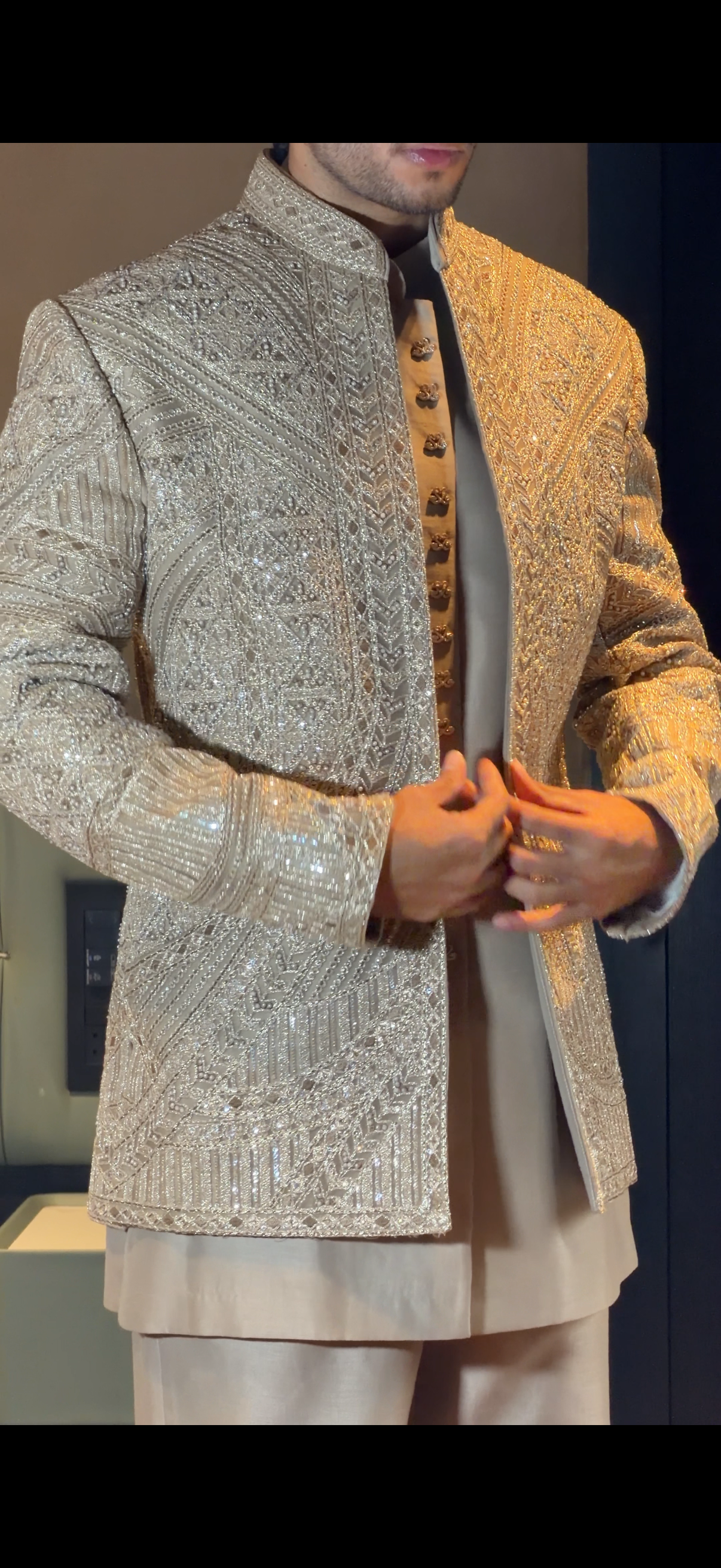 Sand Gold Silk Indo Western for Men with Cutwork, Sequin and Moti Work