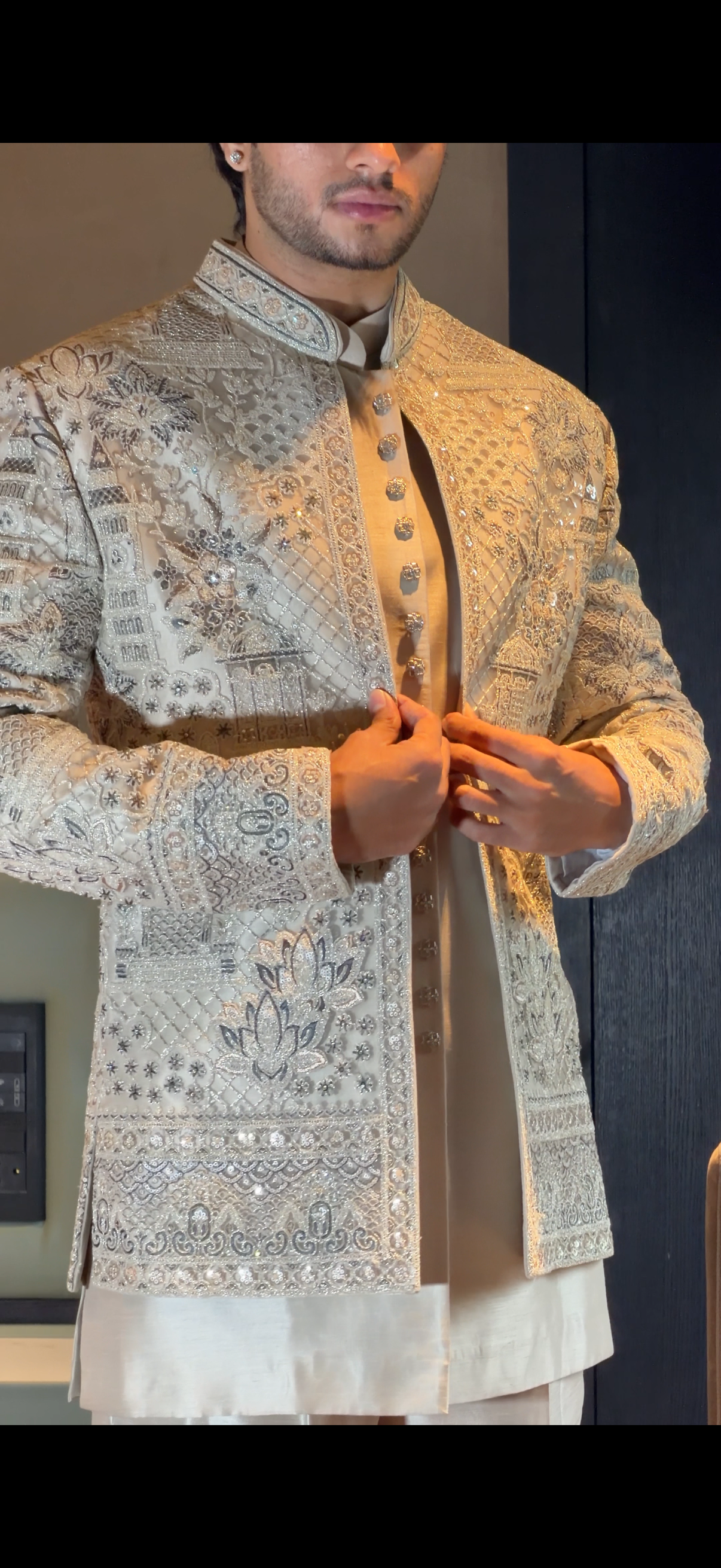 Ivory Cream Cutwork Open Indo Western with Monument and Lotus Embroidery