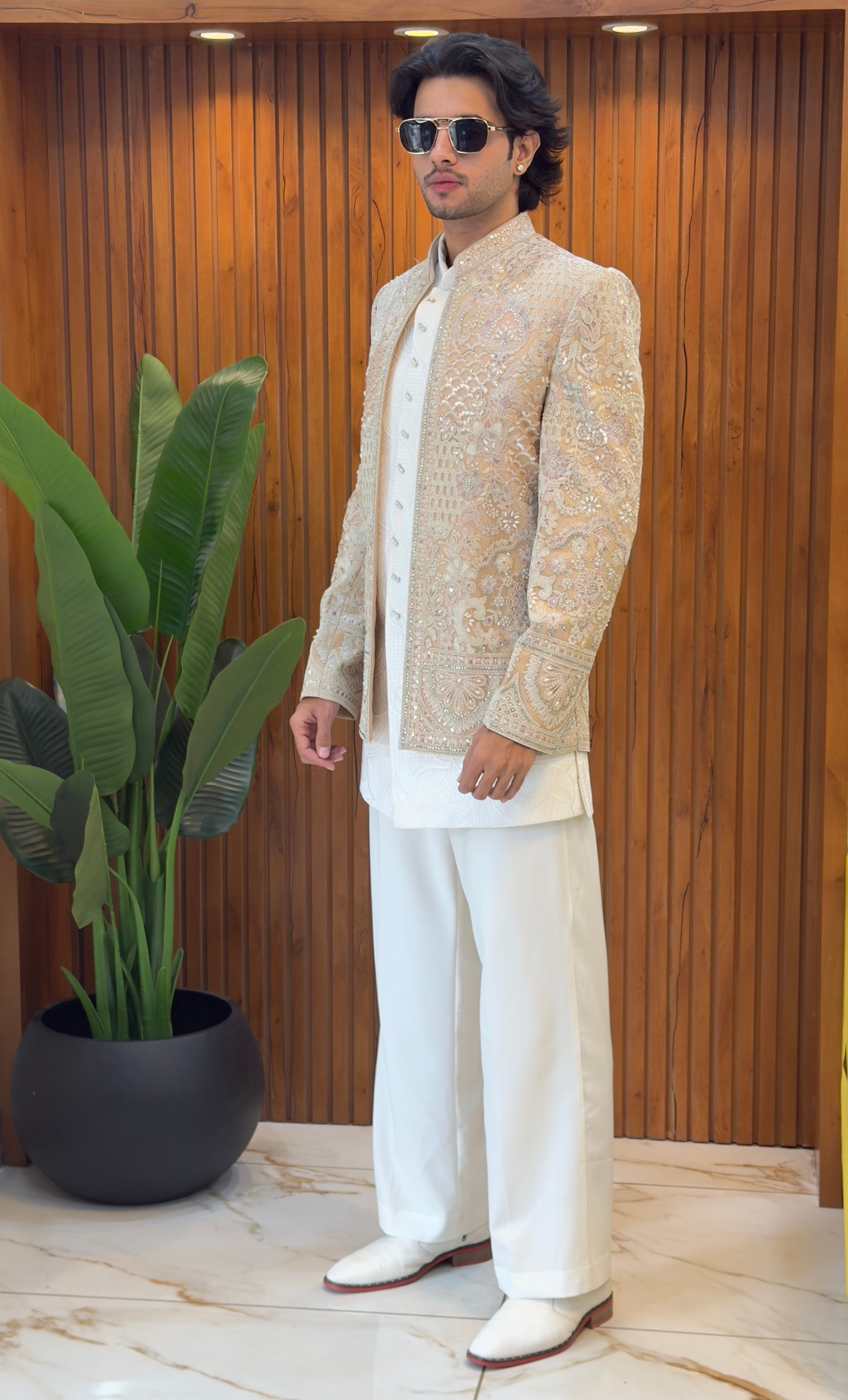 Champagne Gold Indo Western with Resham, Sequins and Beadwork
