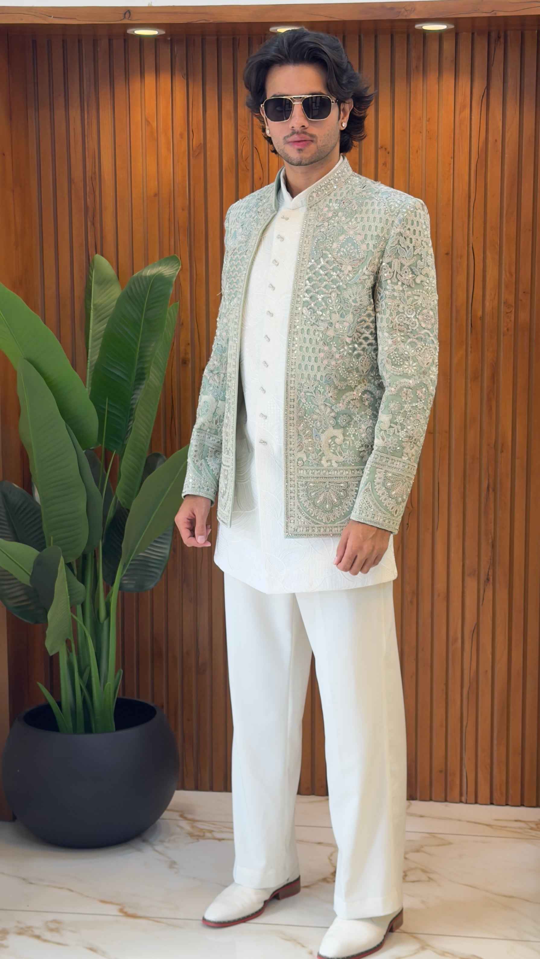 Mint Green Indo Western for Men with Resham, Sequins and Beadwork