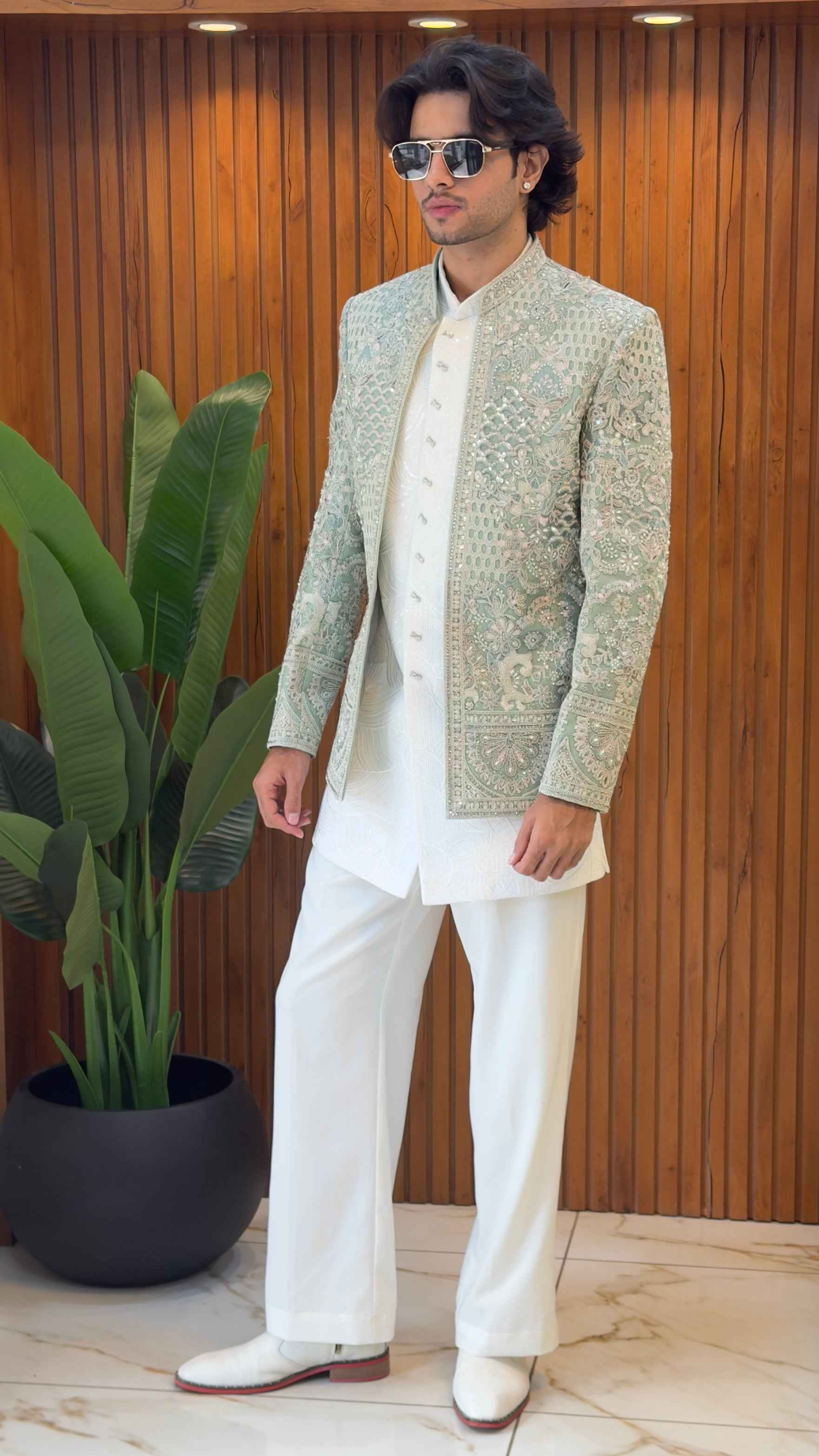 Mint Green Indo Western for Men with Resham, Sequins and Beadwork