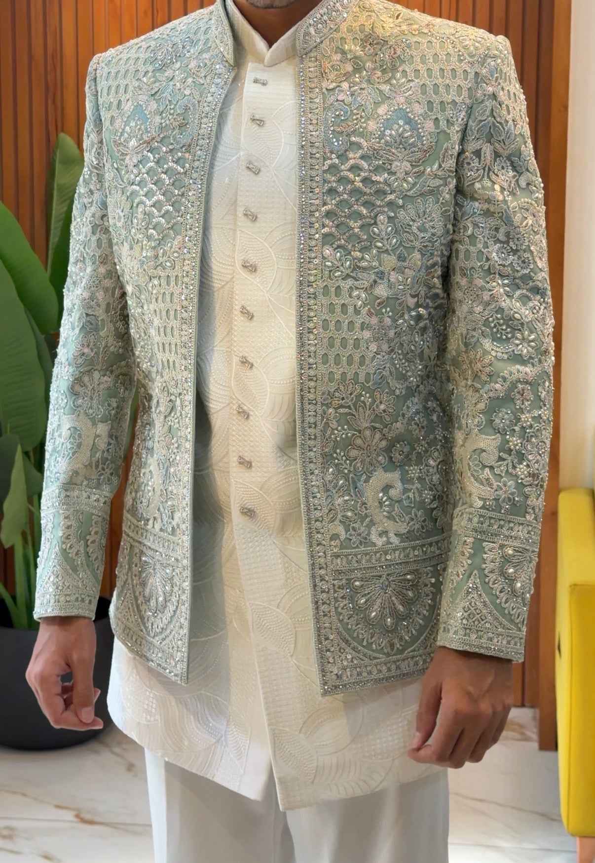 Mint Green Indo Western for Men with Resham, Sequins and Beadwork