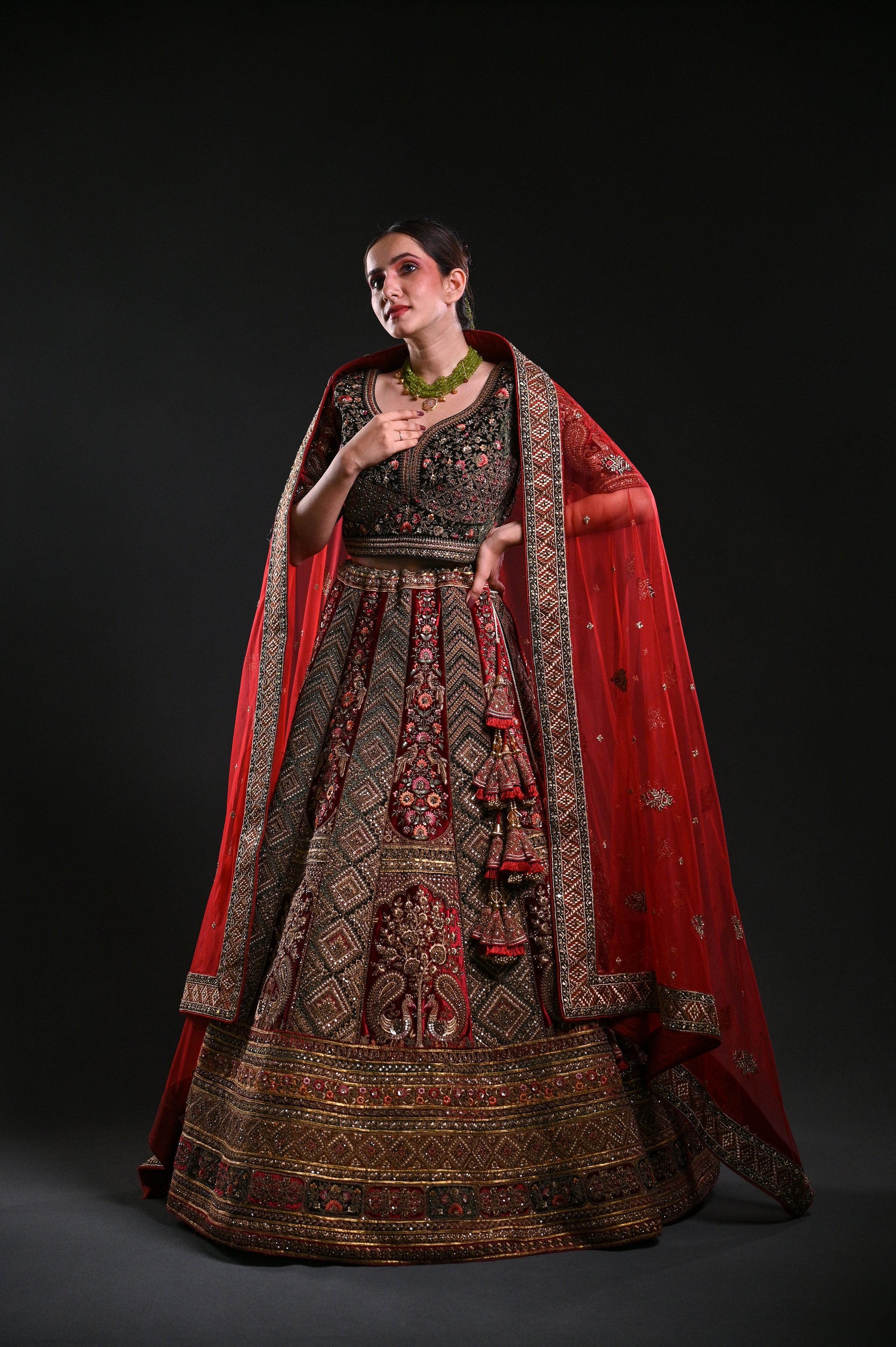 Buy Opulent Maroon and Green Silk Hand-Embroidered Lehnga Set