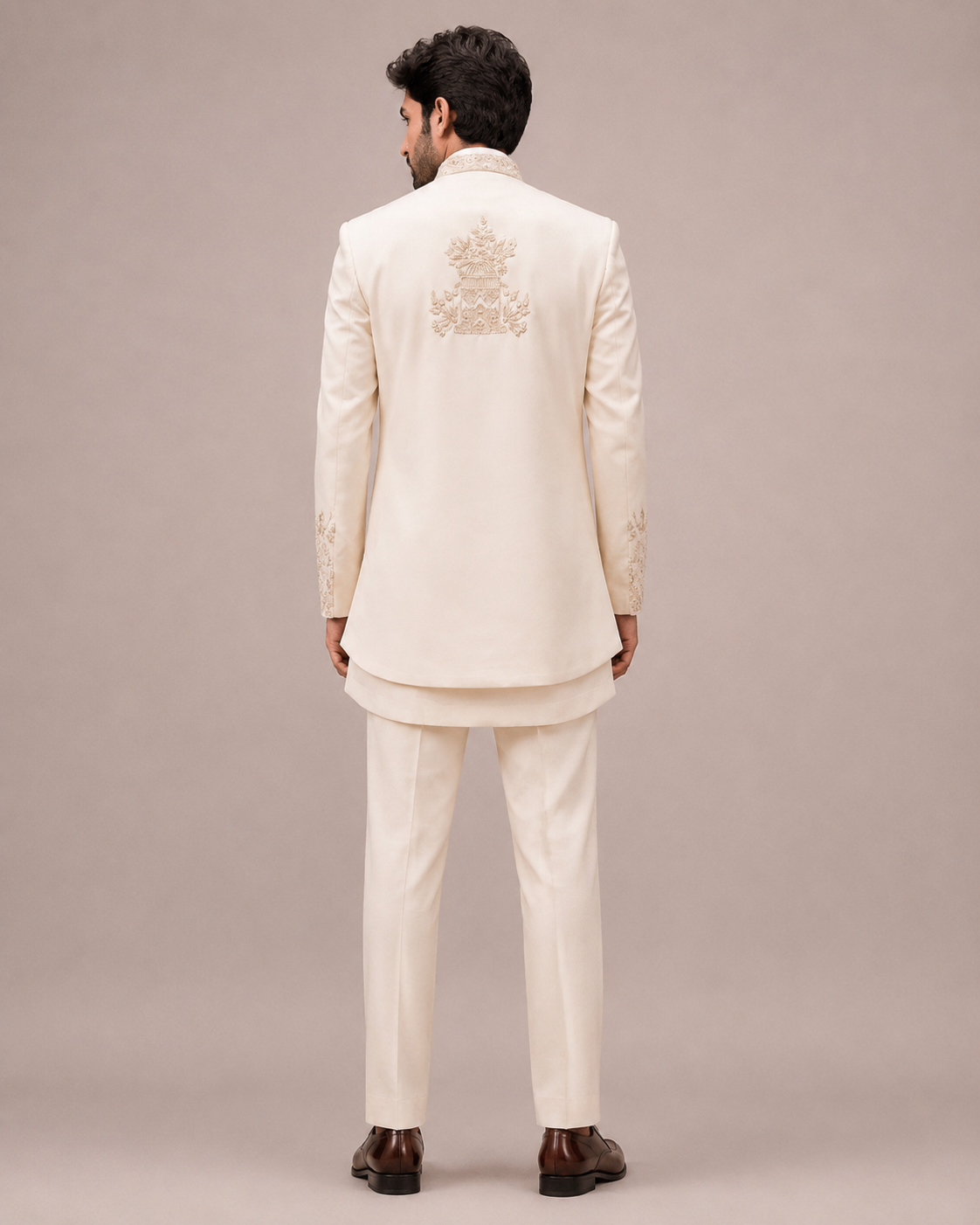 Ivory Silk Indo Western for Men with Hand and Machine Work