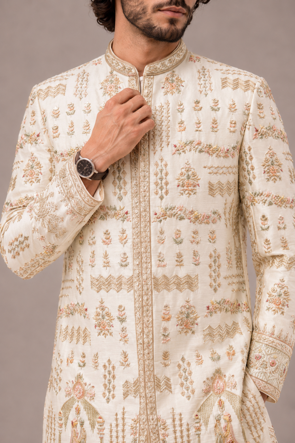 Ivory Silk Sherwani for Men with Hand and Machine Work