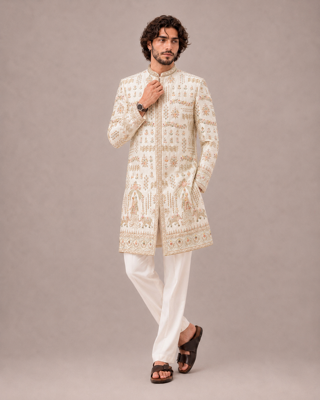 Ivory Silk Sherwani for Men with Hand and Machine Work