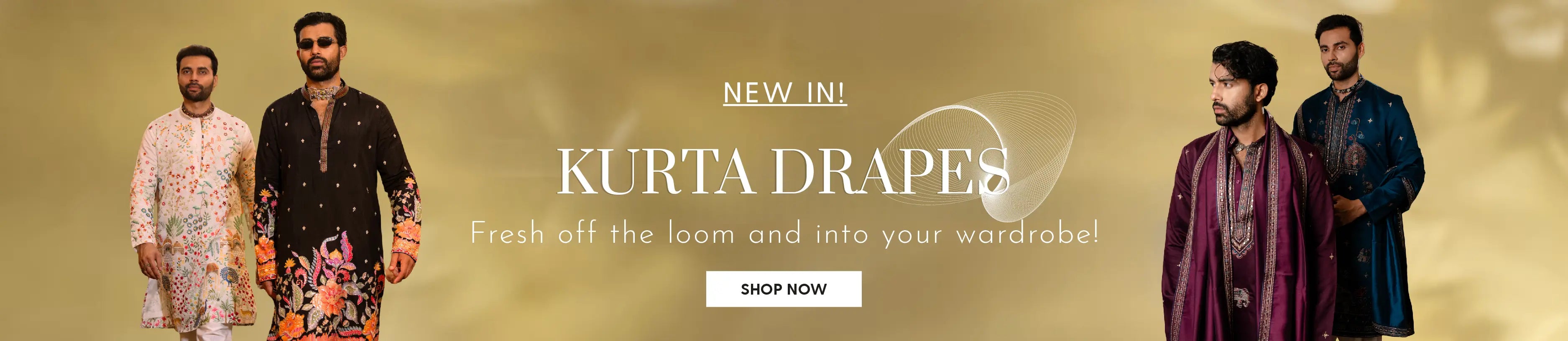 Promotional banner for kurta drapes with men wearing traditional outfits on a gold background.