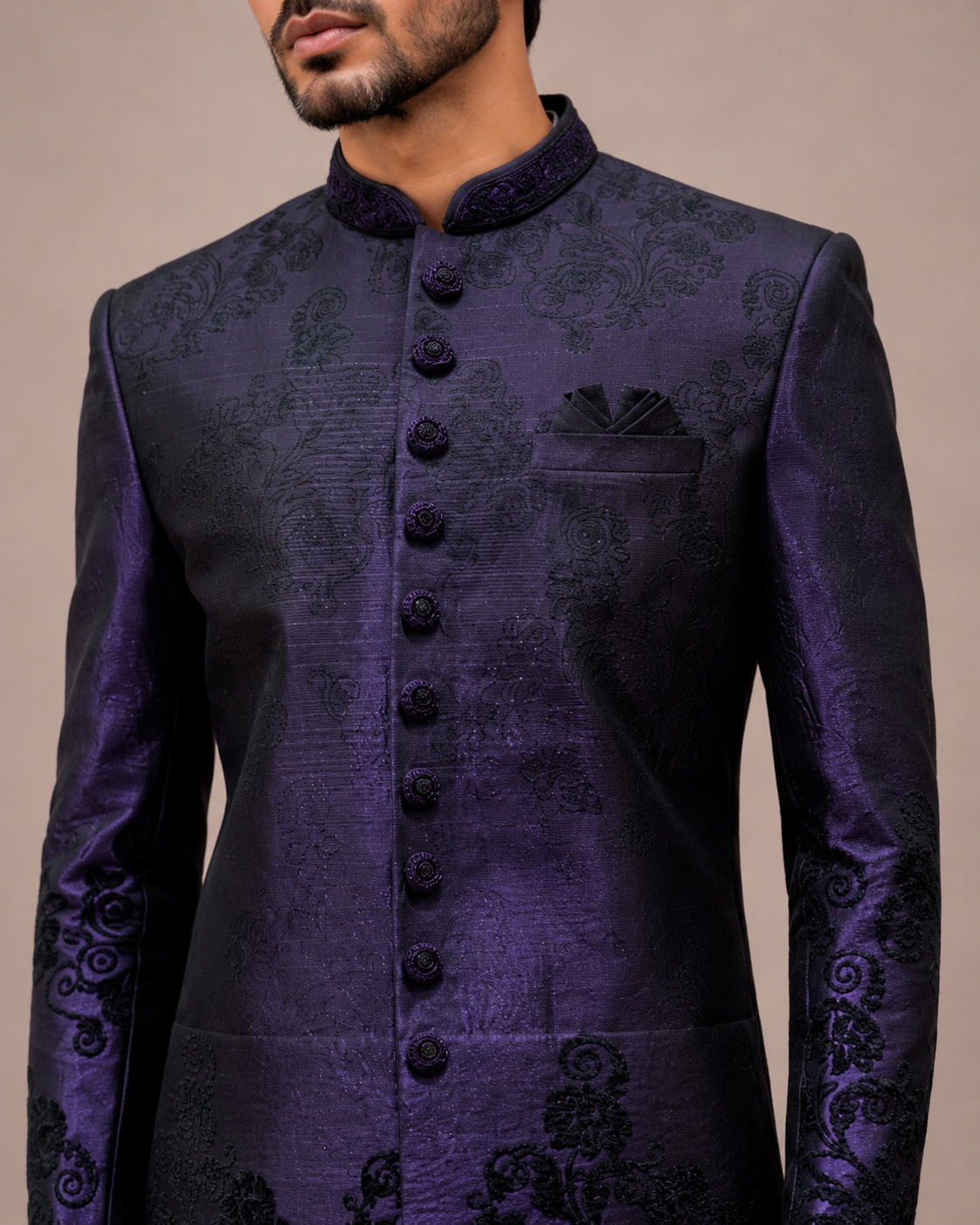 Lavender Jacquard TR Fabric Indo Western for Men with Emboss Print