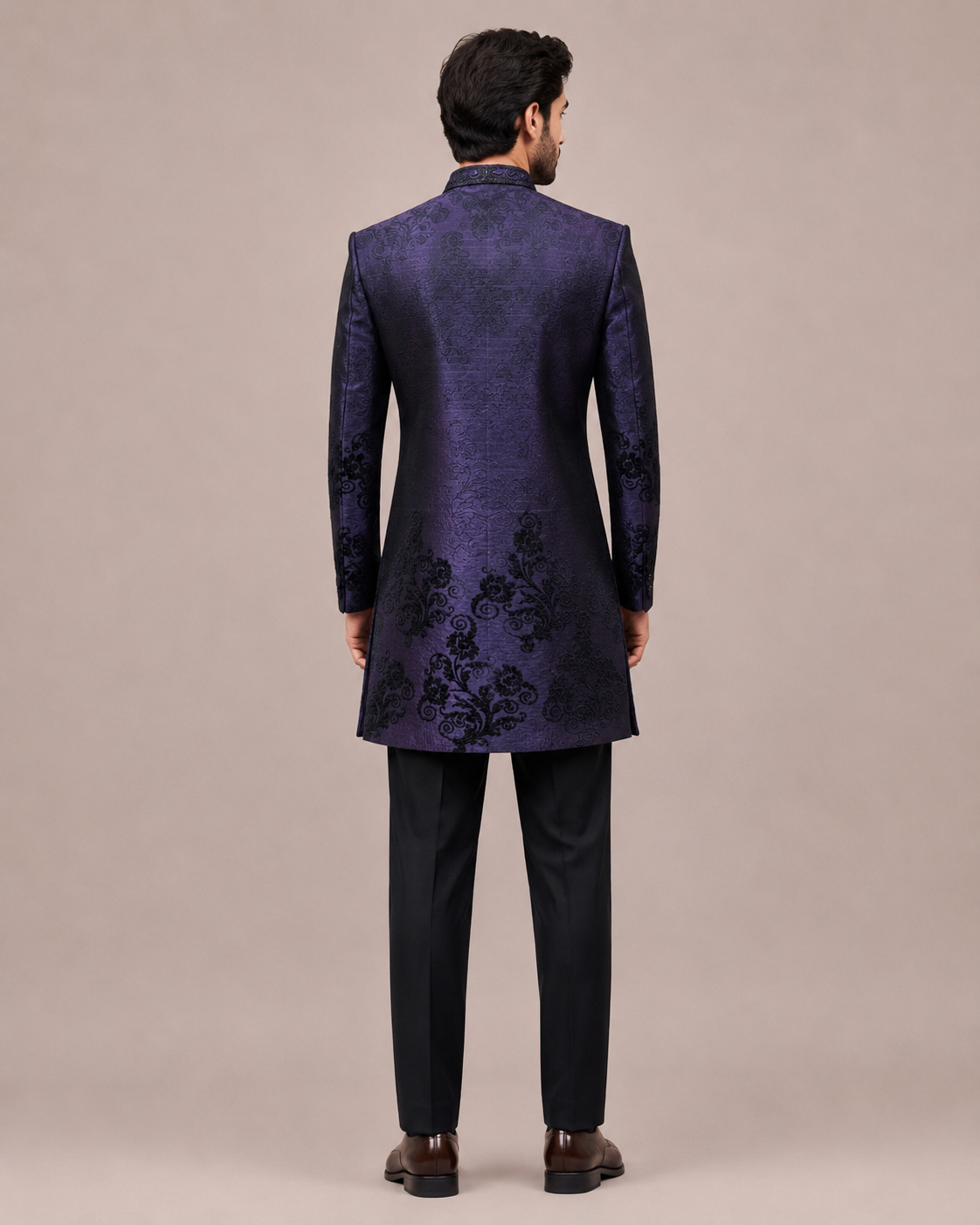 Lavender Jacquard TR Fabric Indo Western for Men with Emboss Print