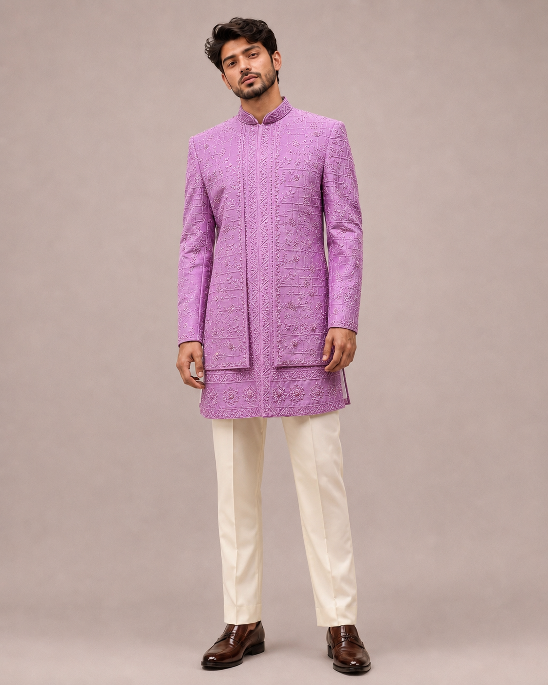 Lavender Raw Silk Indo Western with Hand and Machine Embroidery Work