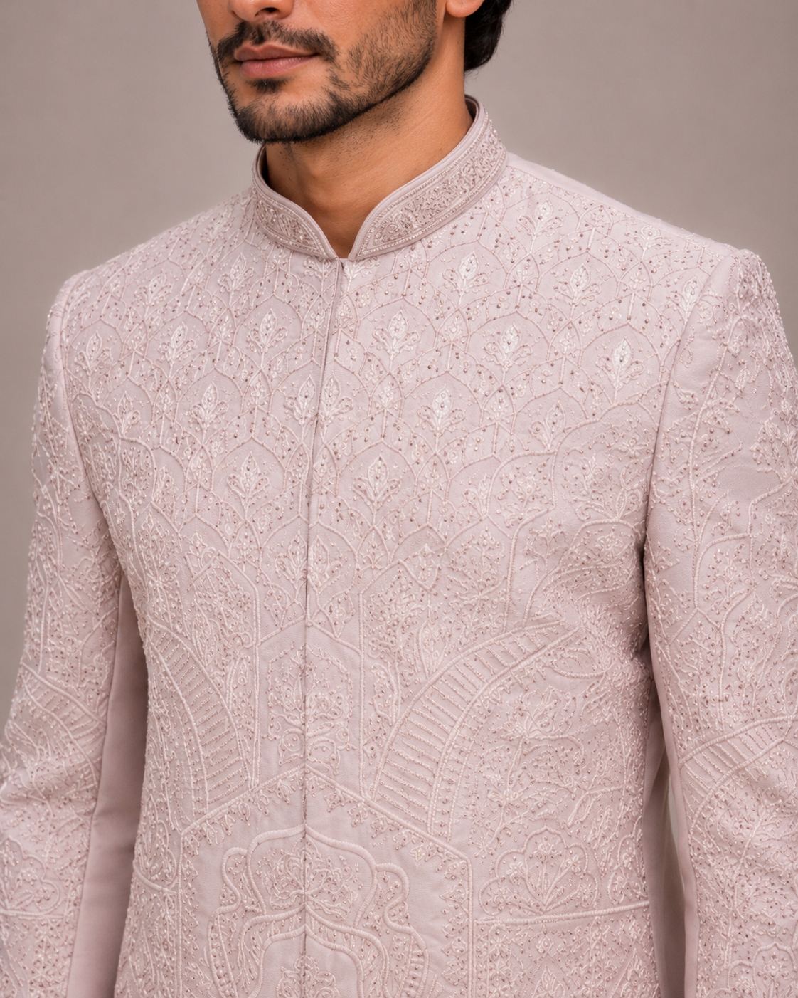 Lavender Raw Silk Sherwani with Hand and Machine Work