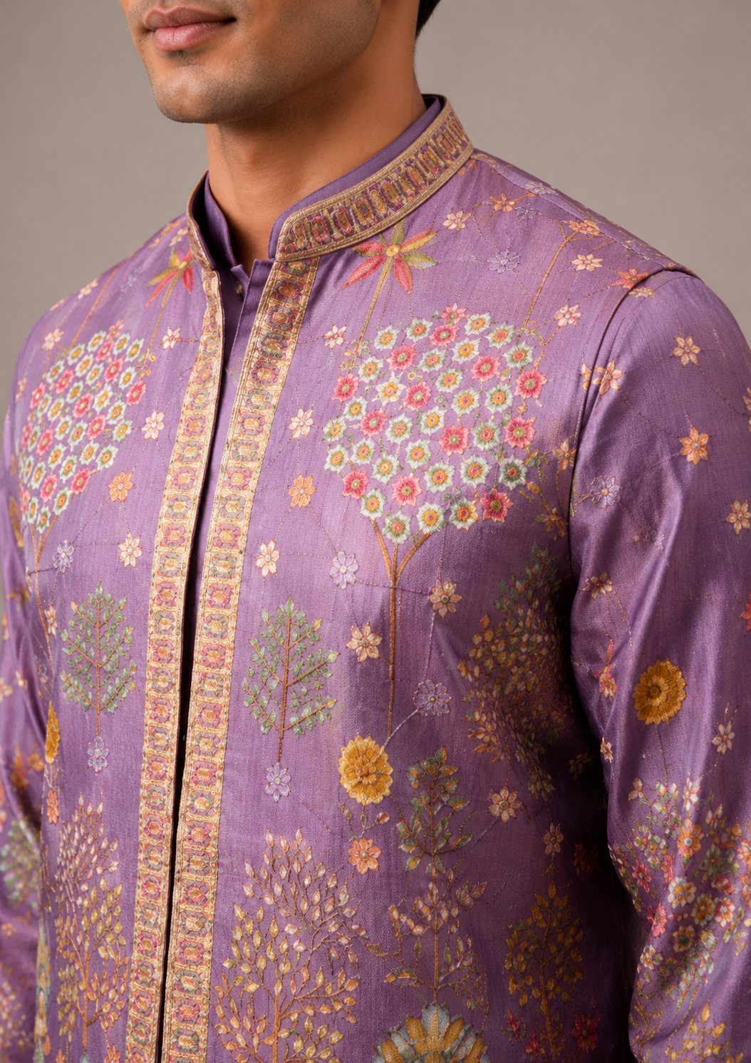 Lavender Silk Jacket Set with Print and Embroidery Work