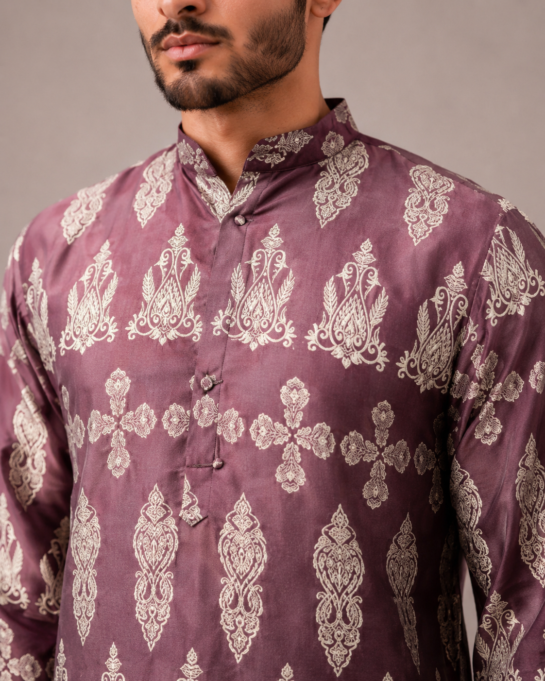 Lavender Silk Kurta Set with Print Work