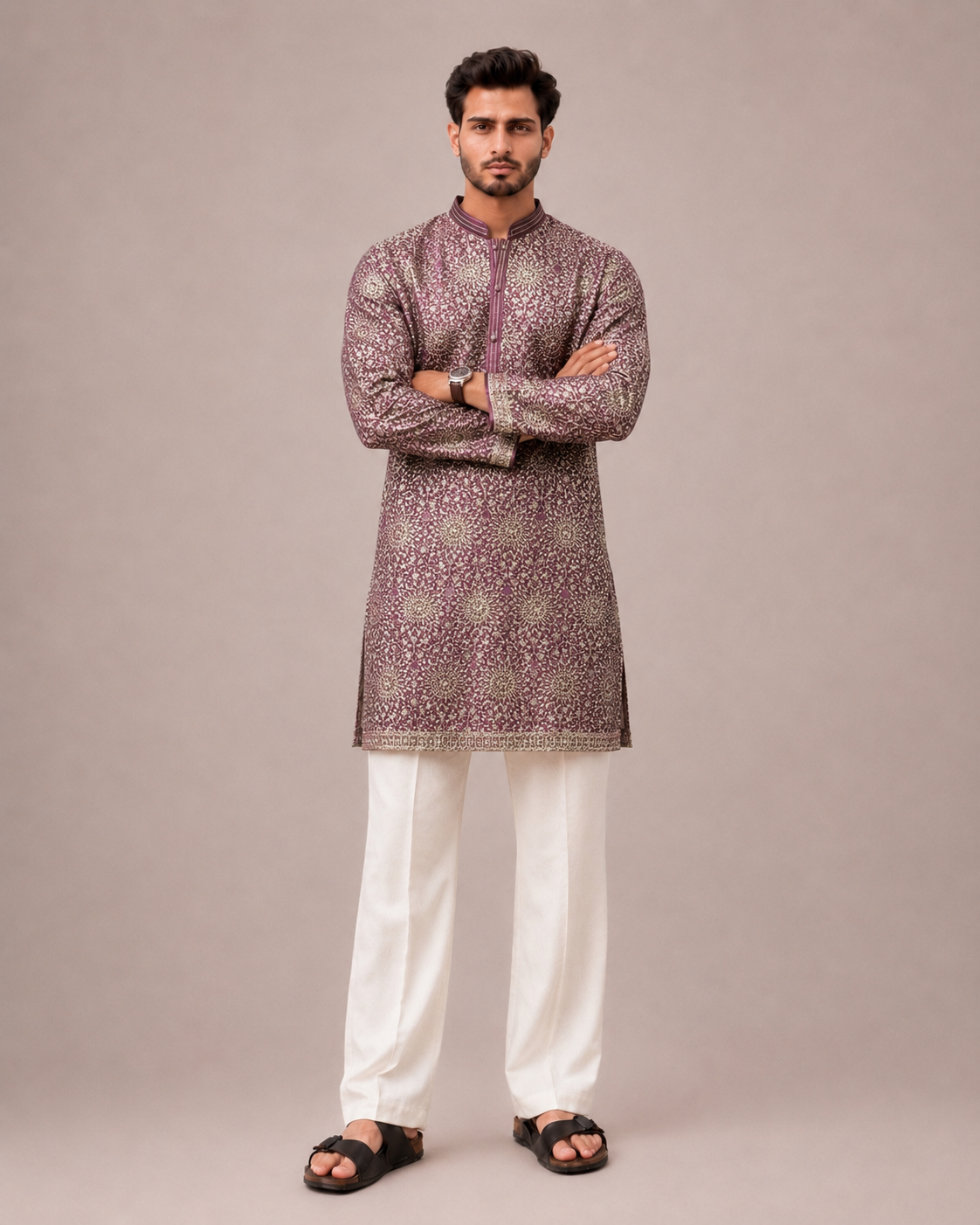 Lavender Silk Kurta Set with All Over Computer Embroidery Work