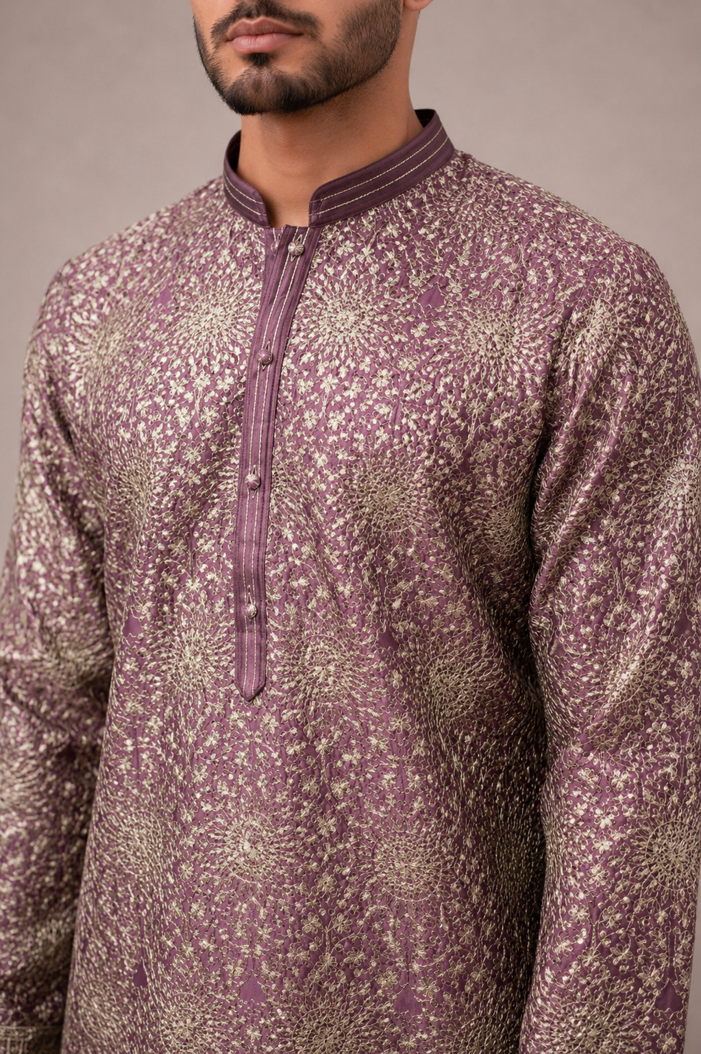 Lavender Silk Kurta Set with All Over Computer Embroidery Work