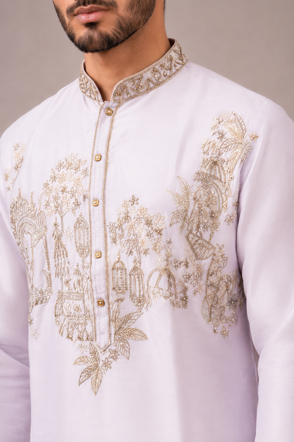 Lavender Silk Kurta Set with Machine and Hand Embroidery Work