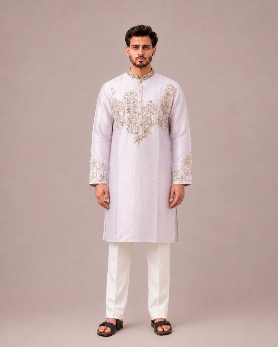 Lavender Silk Kurta Set with Machine and Hand Embroidery Work
