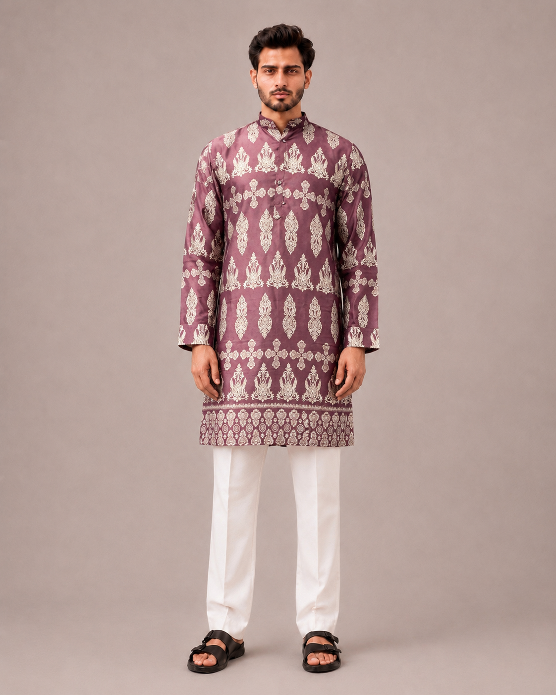 Lavender Silk Kurta Set with Print Work