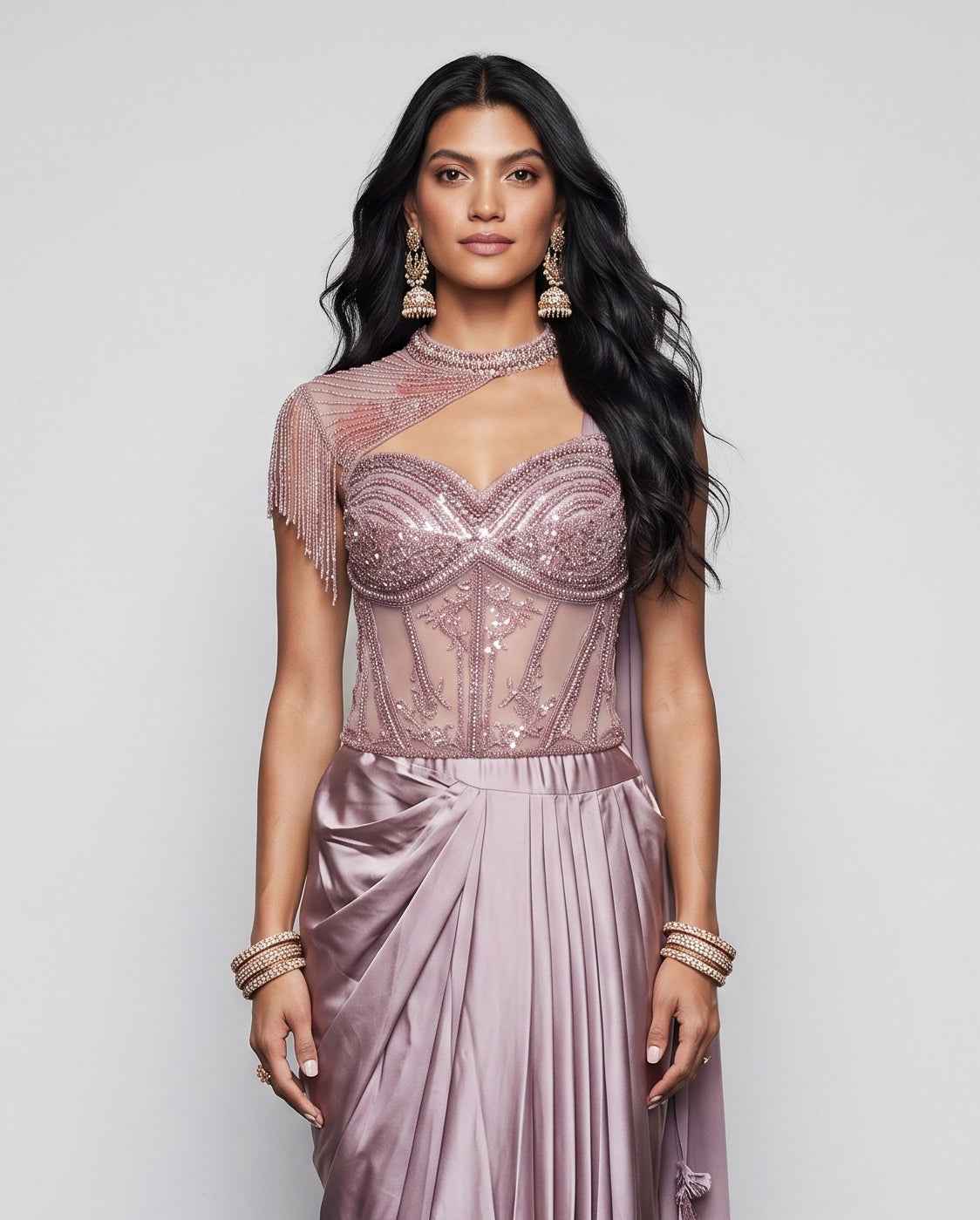 Lavender Soft Silk Indo Western Dress with Pal and Moti Work