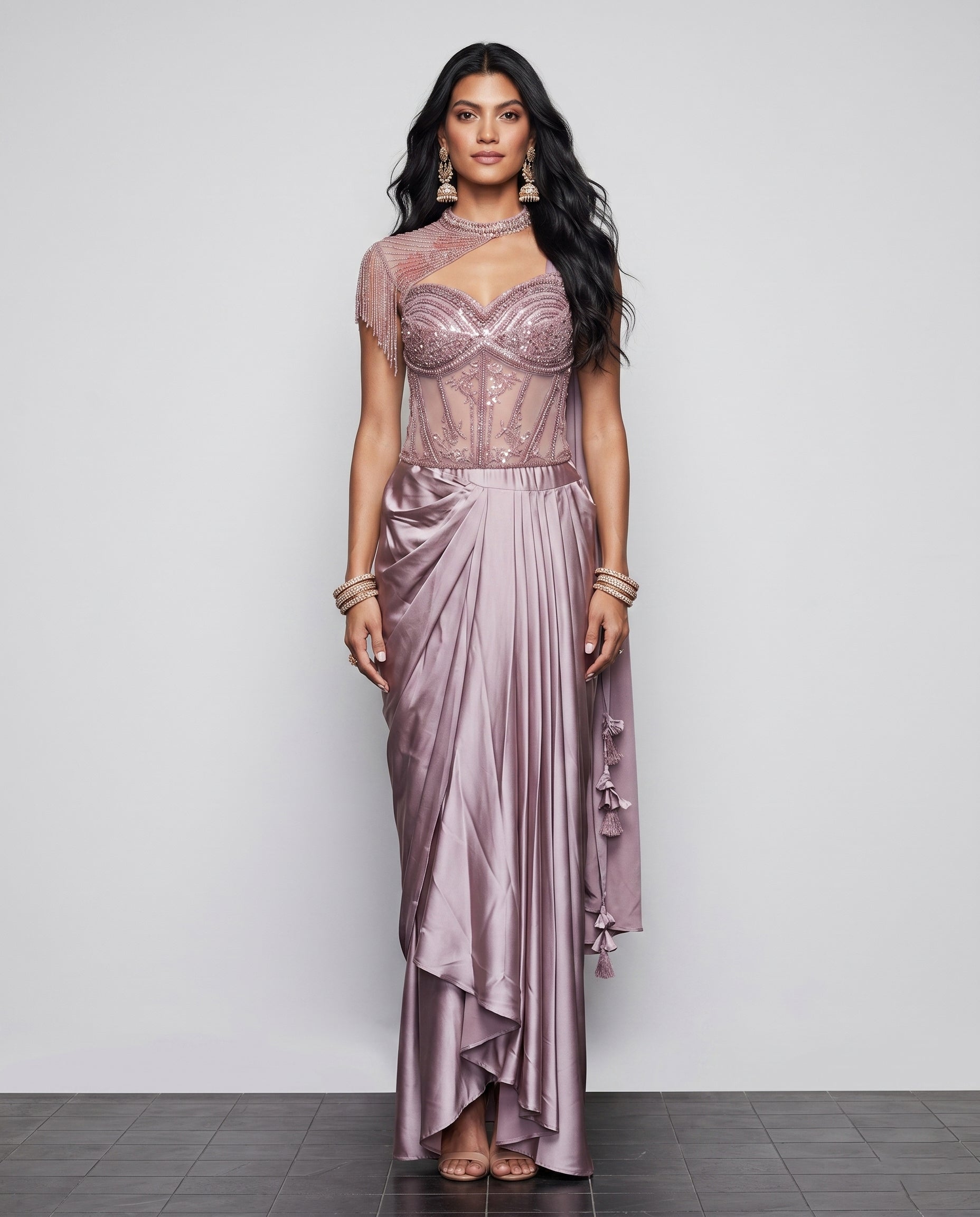 Lavender Soft Silk Indo Western Dress with Pal and Moti Work