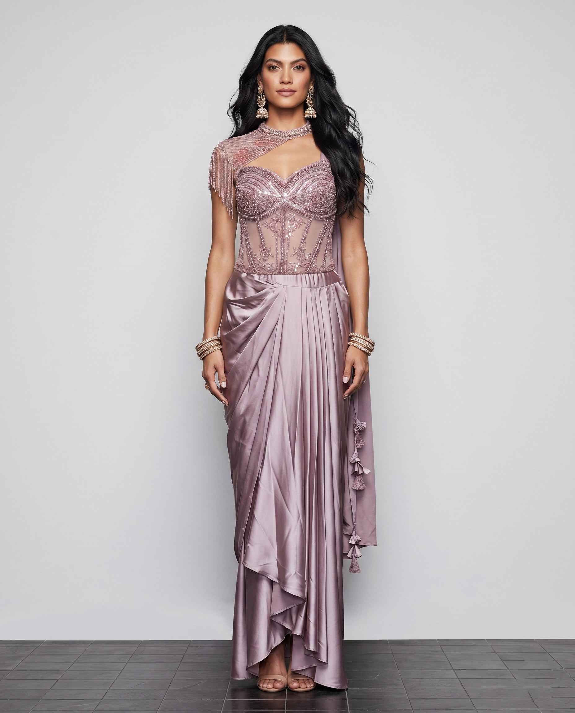 Lavender Soft Silk Indo Western Dress with Pal and Moti Work