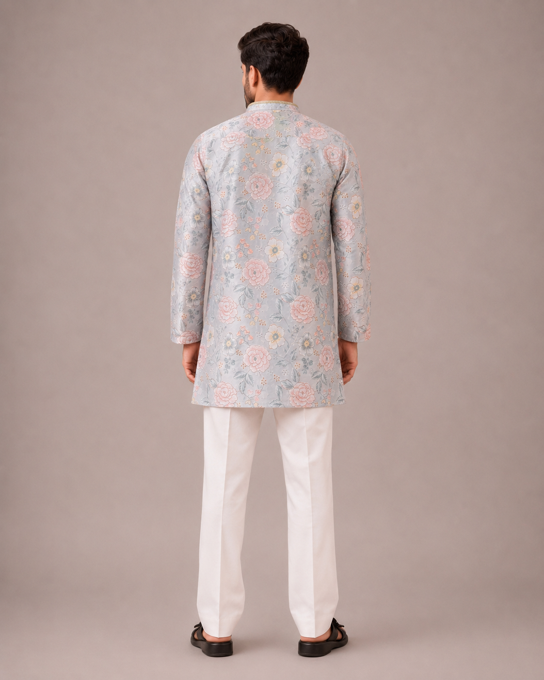 Light Blue Silk Kurta Set with V Neck Flower Print and Thread Work