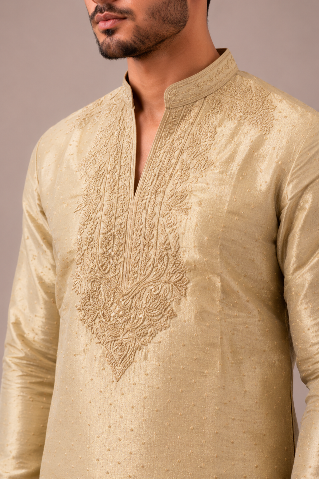 Light Gold Tissue Silk Kurta Set with Bead and Resham Embroidery Work