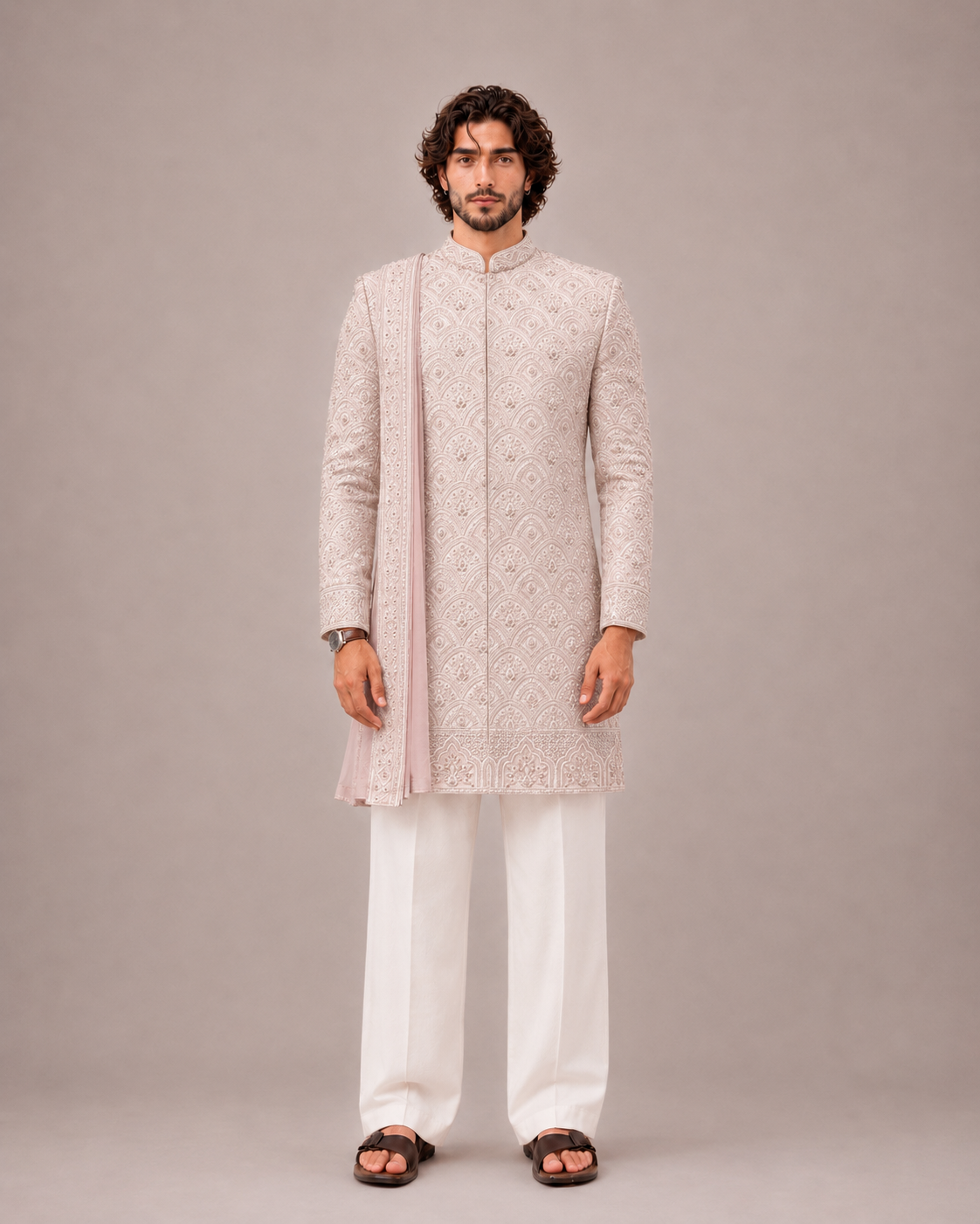 Light Pink Raw Silk Sherwani for Men with Machine Work