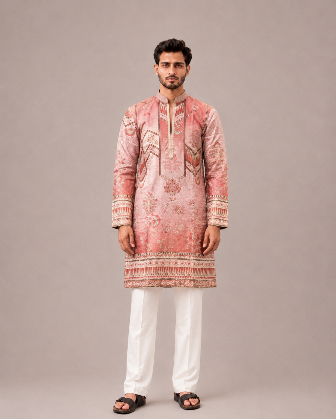 Light Pink Silk Kurta Set with Machine Embroidery Work