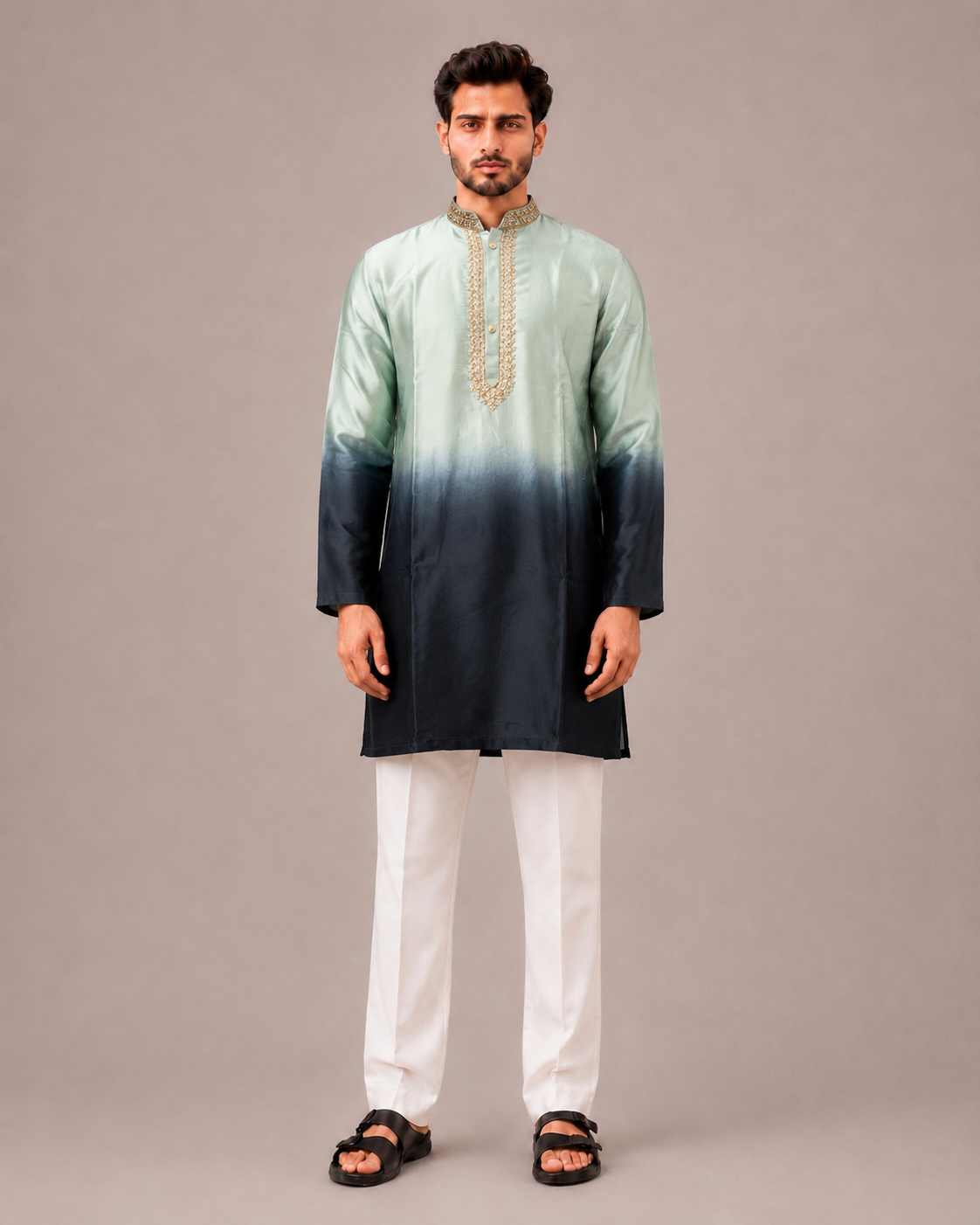 Light Pista Satin Silk Kurta Set with Hand Embroidery Work