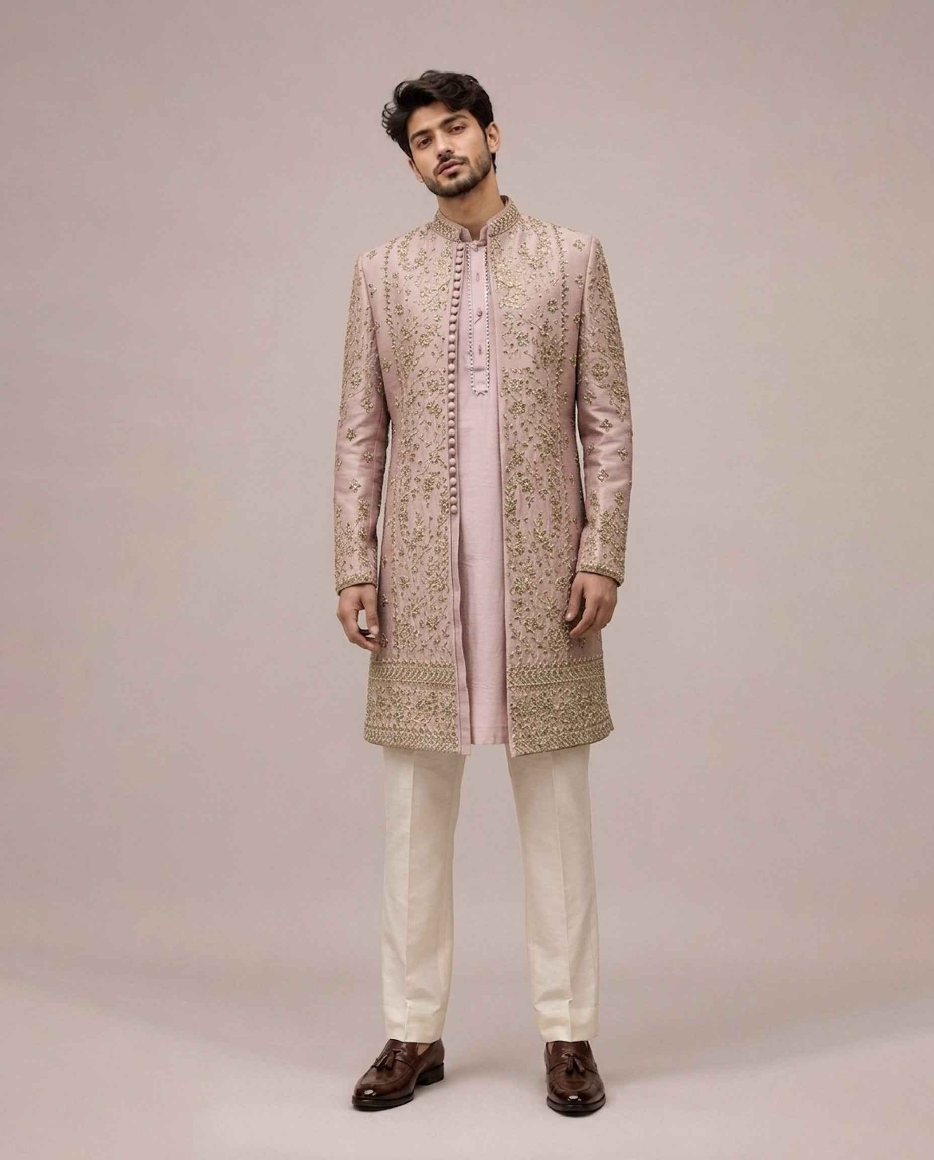 Lilac Raw Silk Indo Western with Hand Mirror and Embroidery Work