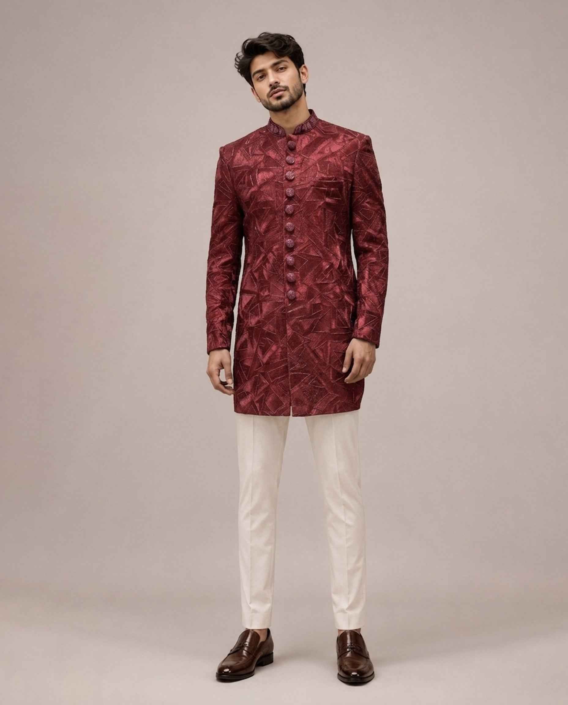 Maroon Brocade Silk Indo Western for Men with Brocade and Hand Work