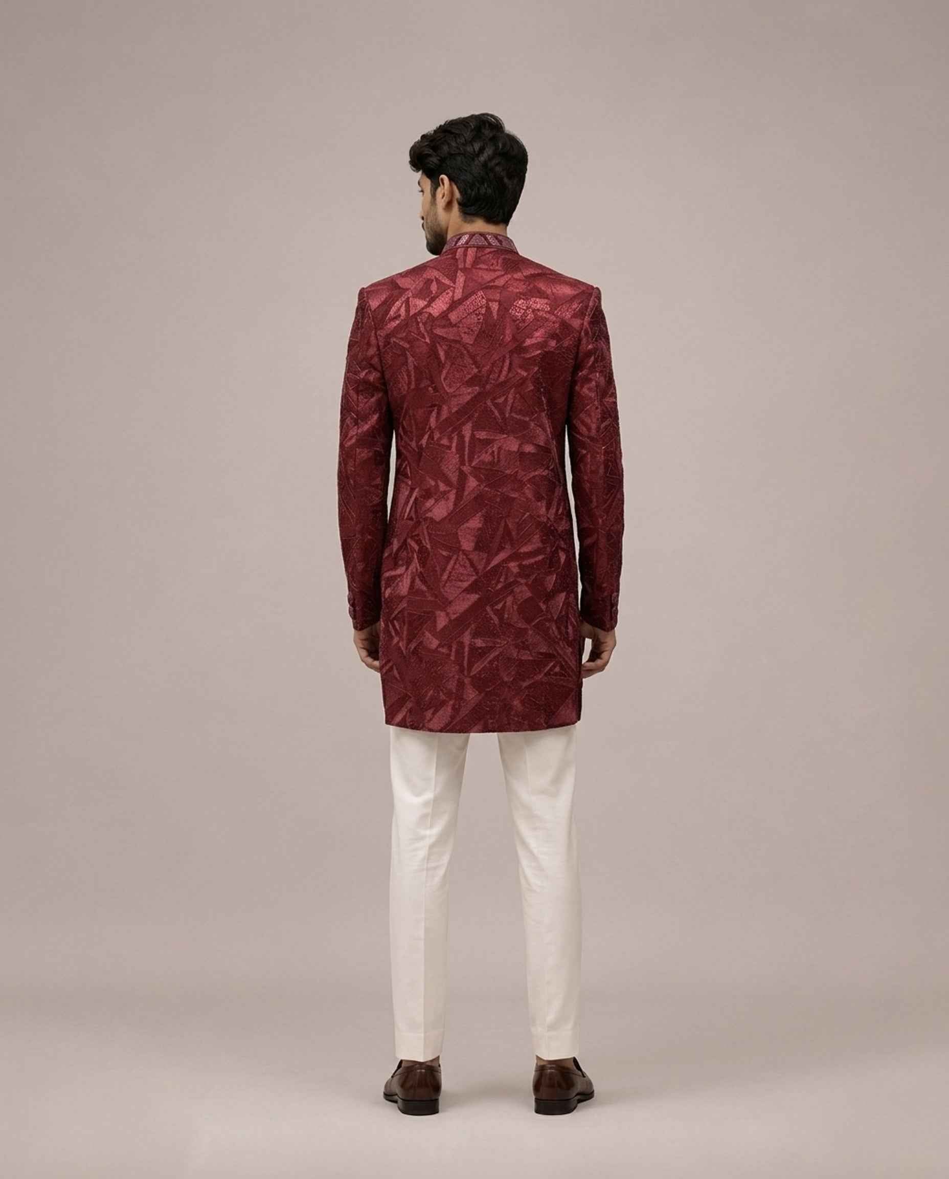 Maroon Brocade Silk Indo Western for Men with Brocade and Hand Work