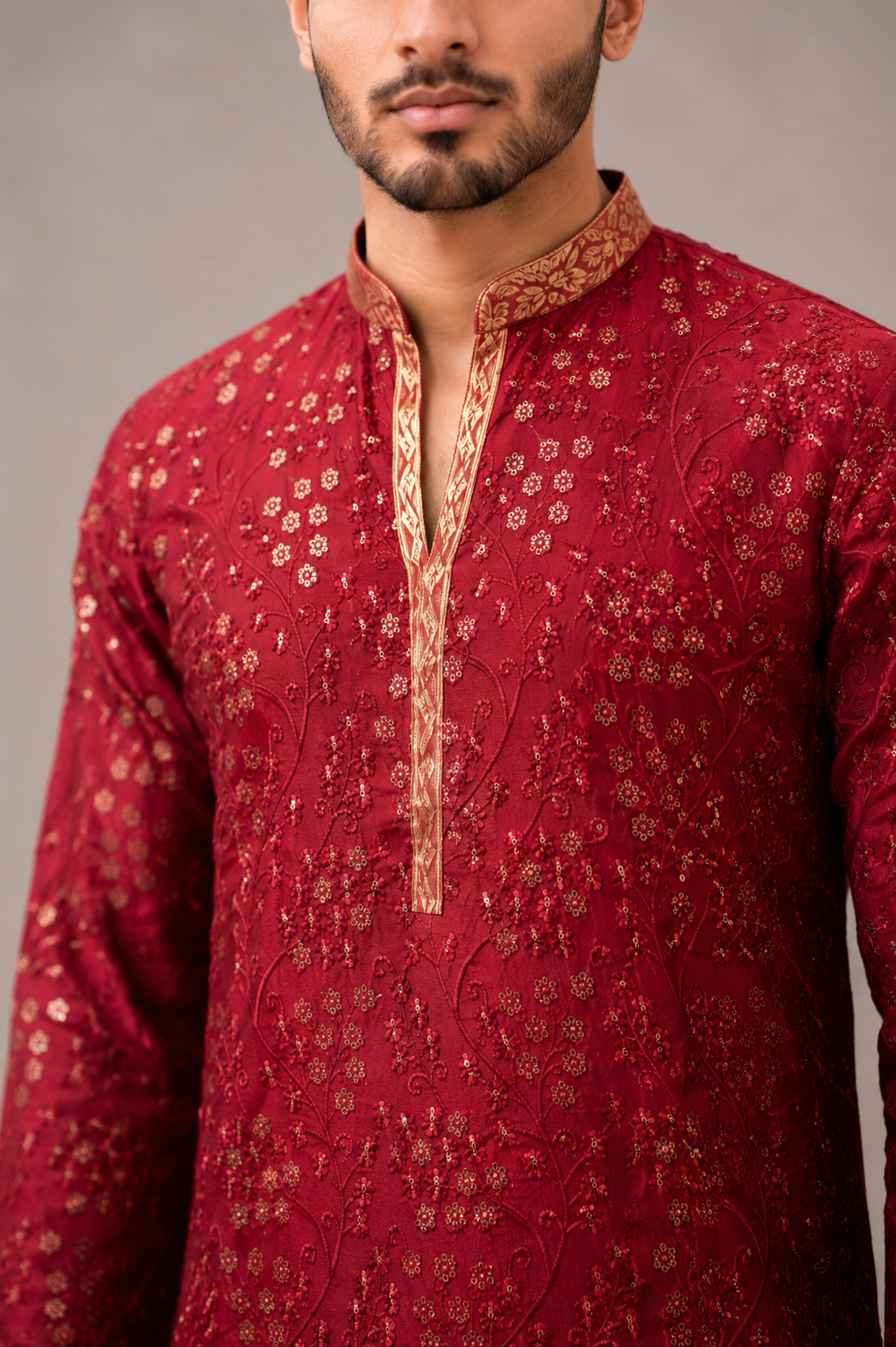 Maroon Chiffon Kurta Set with Machine Embroidery Work
