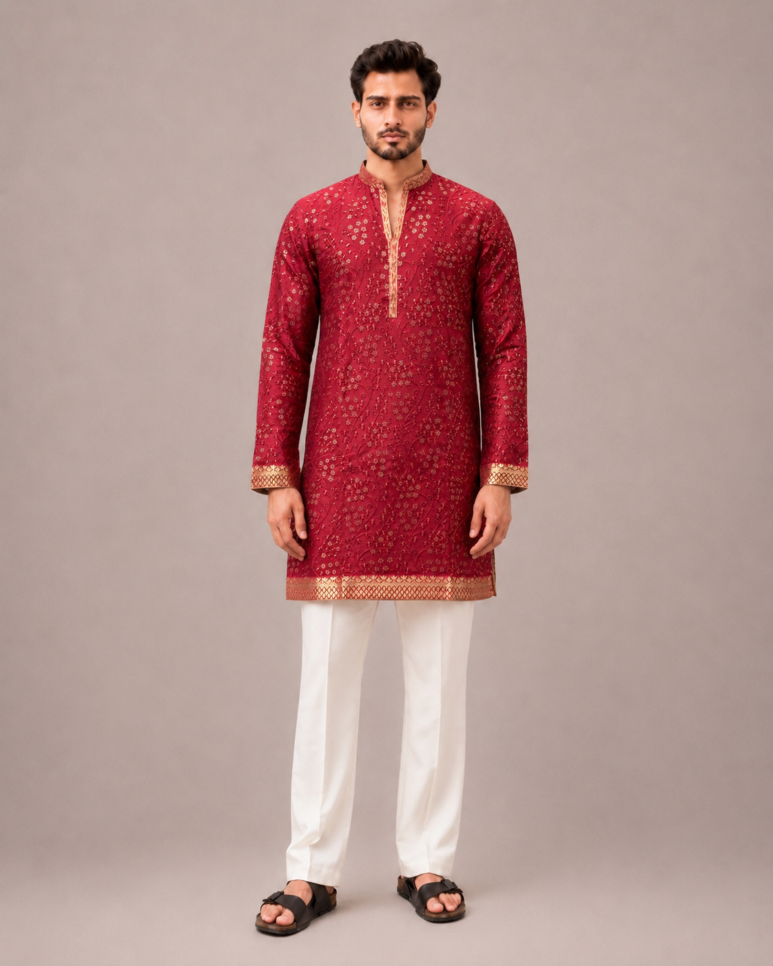 Maroon Chiffon Kurta Set with Machine Embroidery Work