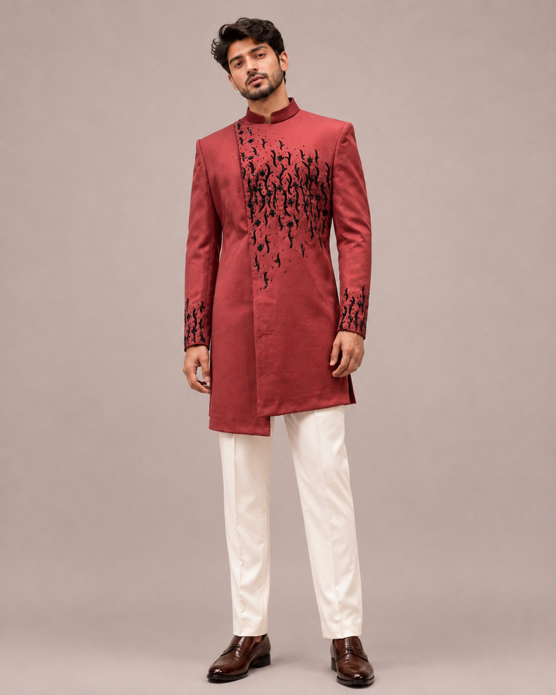 Maroon Emboss Silk Indo Western for Men with Hand Work