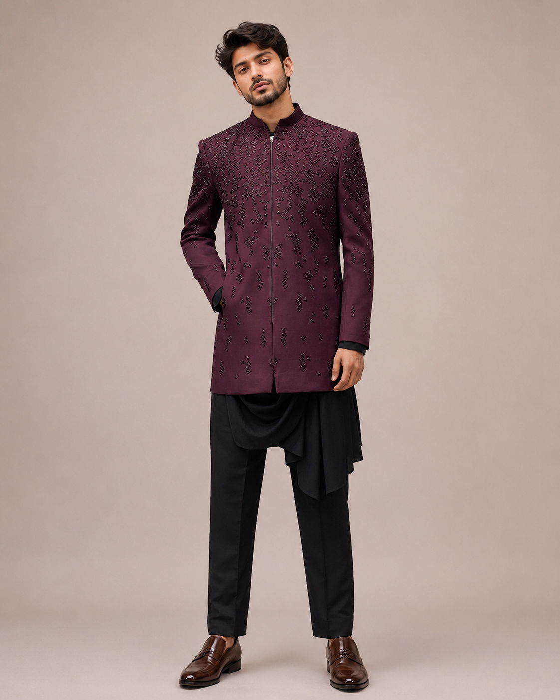 Maroon Imported Fabric Indo Western for Men with Cutdana and Hand Work