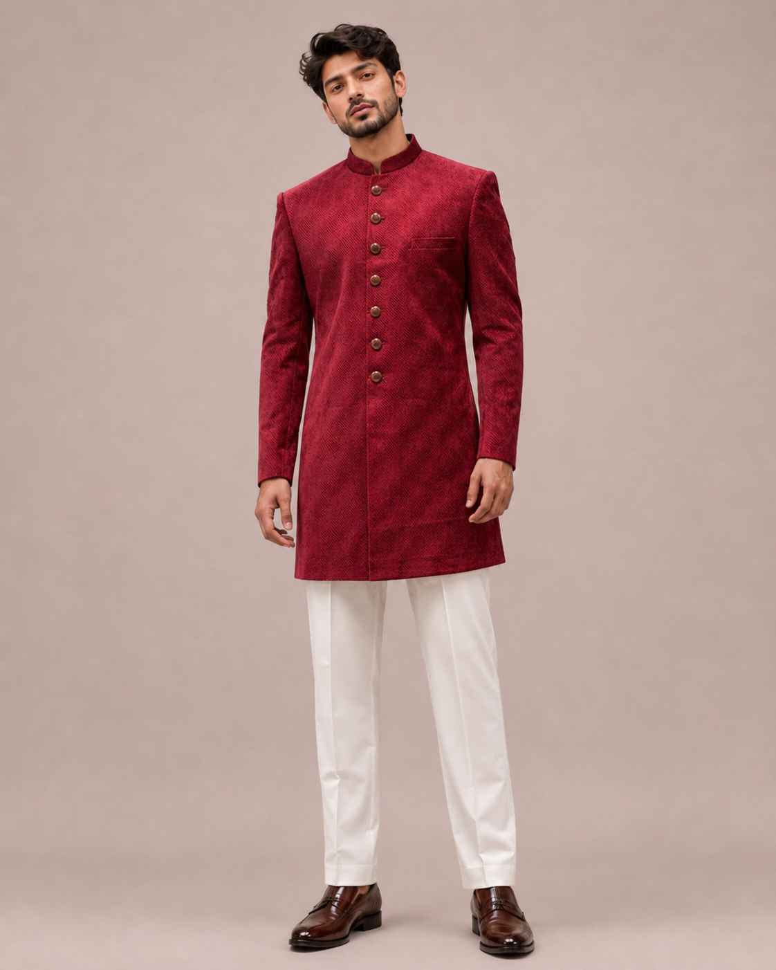 Maroon Italian Fabric Indo Western for Men with Hand Work