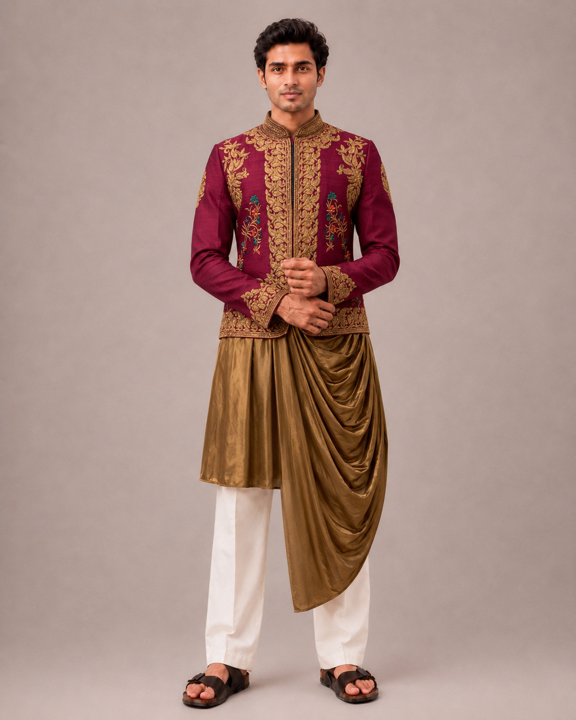 Maroon Silk Jacket Set for Men with Hand Work